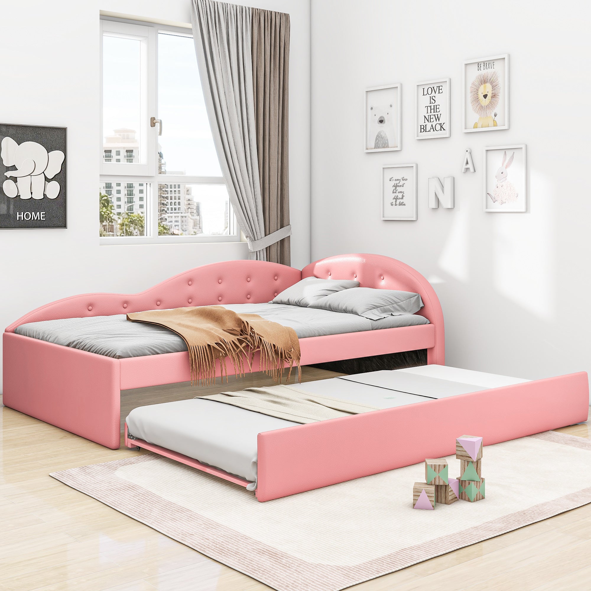 Twin Size PU Upholstered Tufted Daybed with Trundle and Cloud Shaped Guardrail, Pink