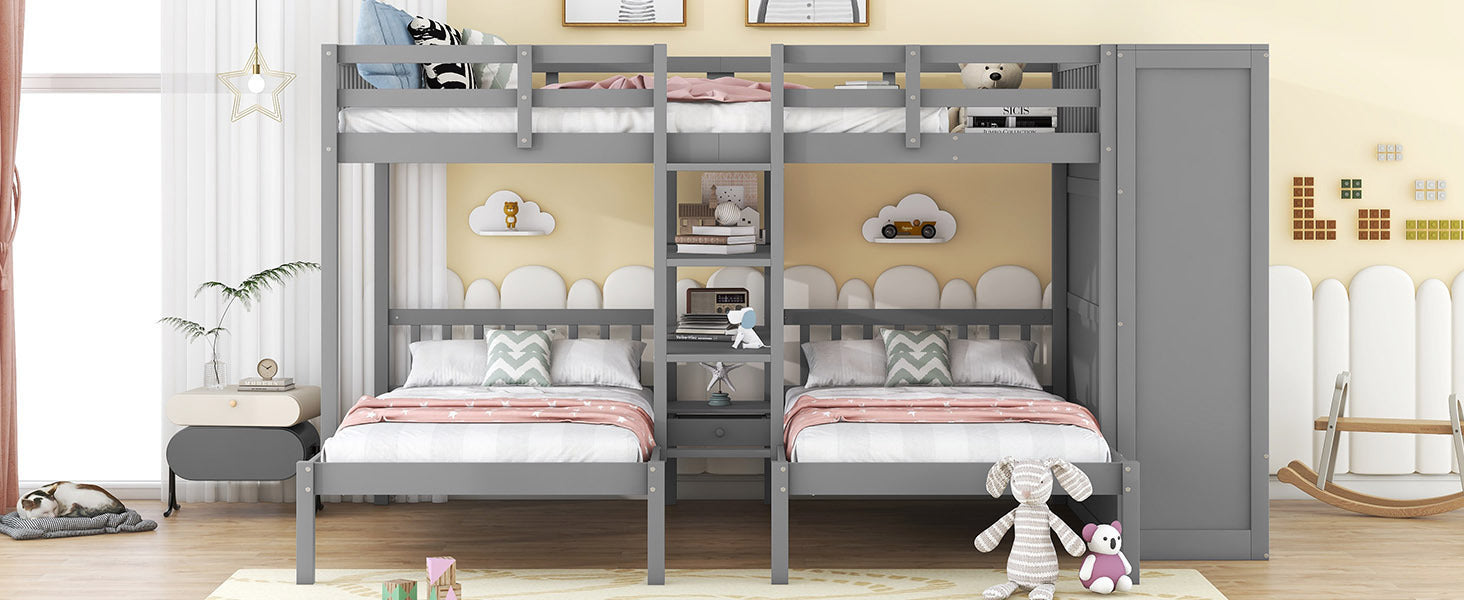 Full-Over-Twin-Twin Bunk Bed with Shelves, Wardrobe and Mirror, Gray