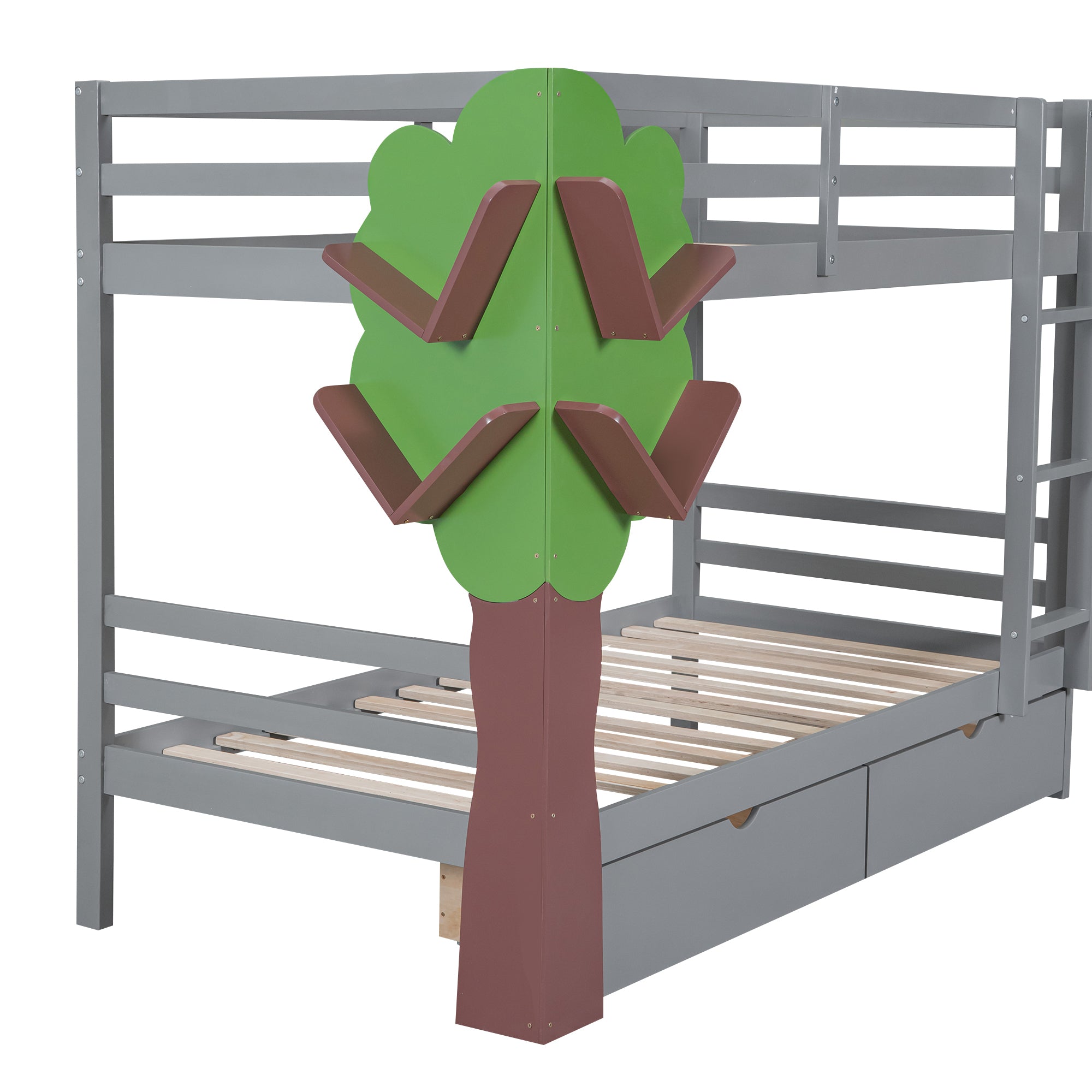 Twin-Over-Twin Bunk Bed with  a Tree Decor and Two Storage Drawers, Gray