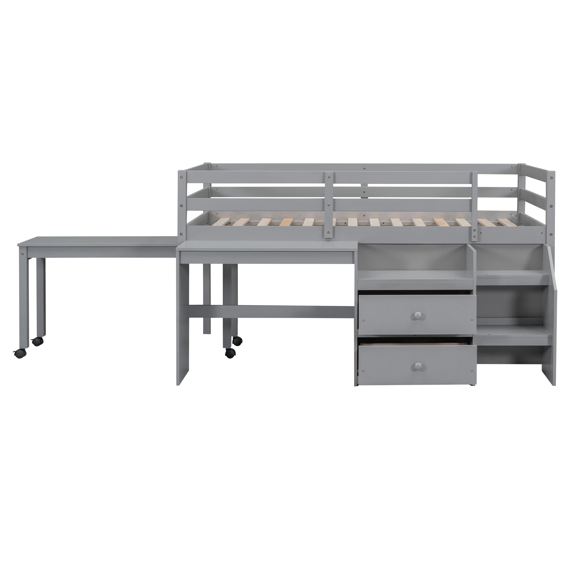 Twin Size Loft Bed with Desk and Drawers, Wooden Loft Bed with Lateral Portable Desk, Gray