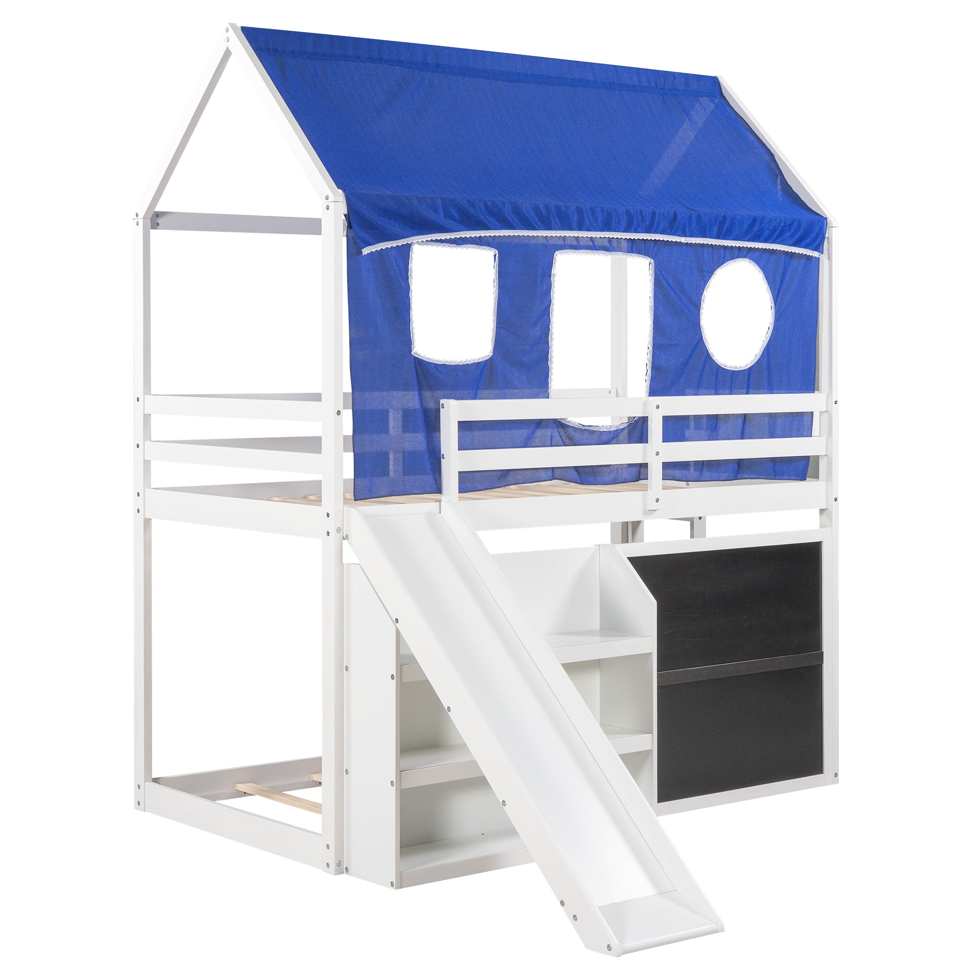 Twin over Twin House Bunk Bed with Blue Tent, Slide, Shelves and Blackboard, White