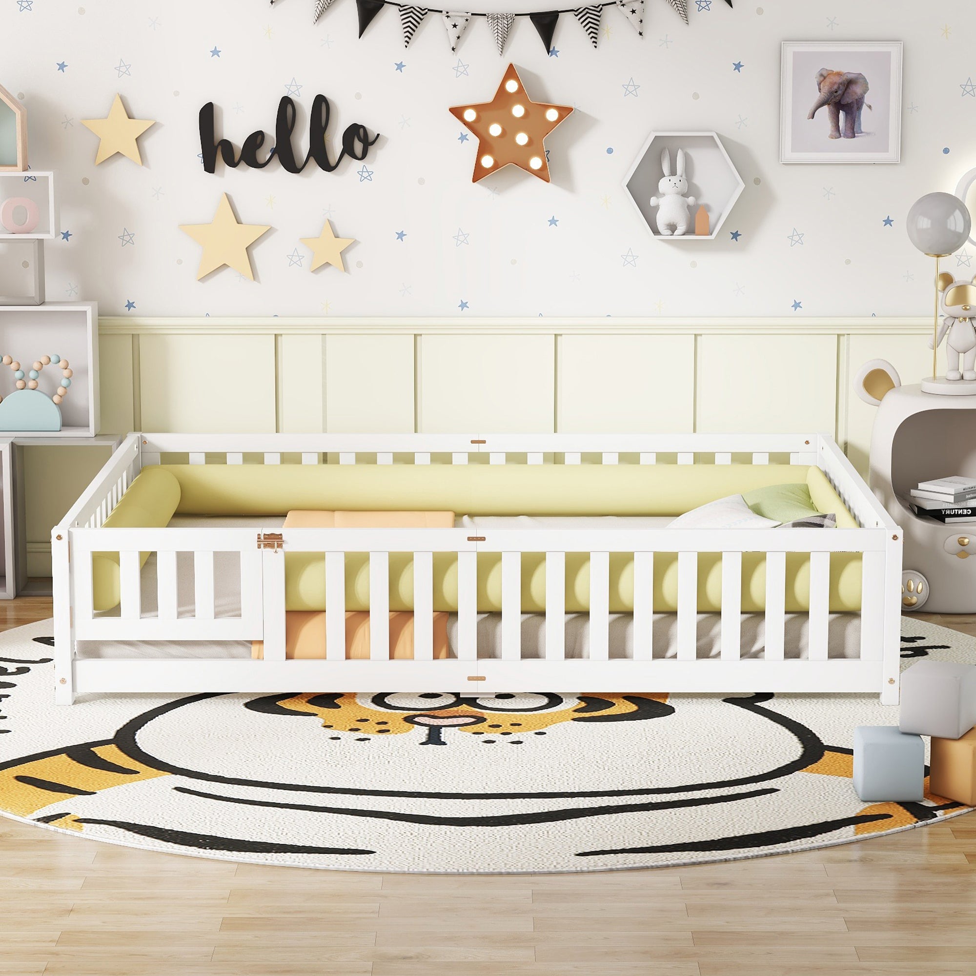 Queen Size Bed Floor Bed with Safety Guardrails and Door for Kids, White (Expect Arrival Date Nov.2nd)