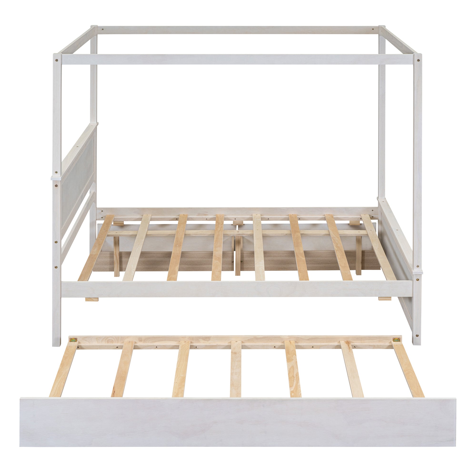 Wood Canopy Bed with Trundle Bed and two Drawers ,Full Size Canopy Platform bed With Support Slats .No Box Spring Needed, Brushed White