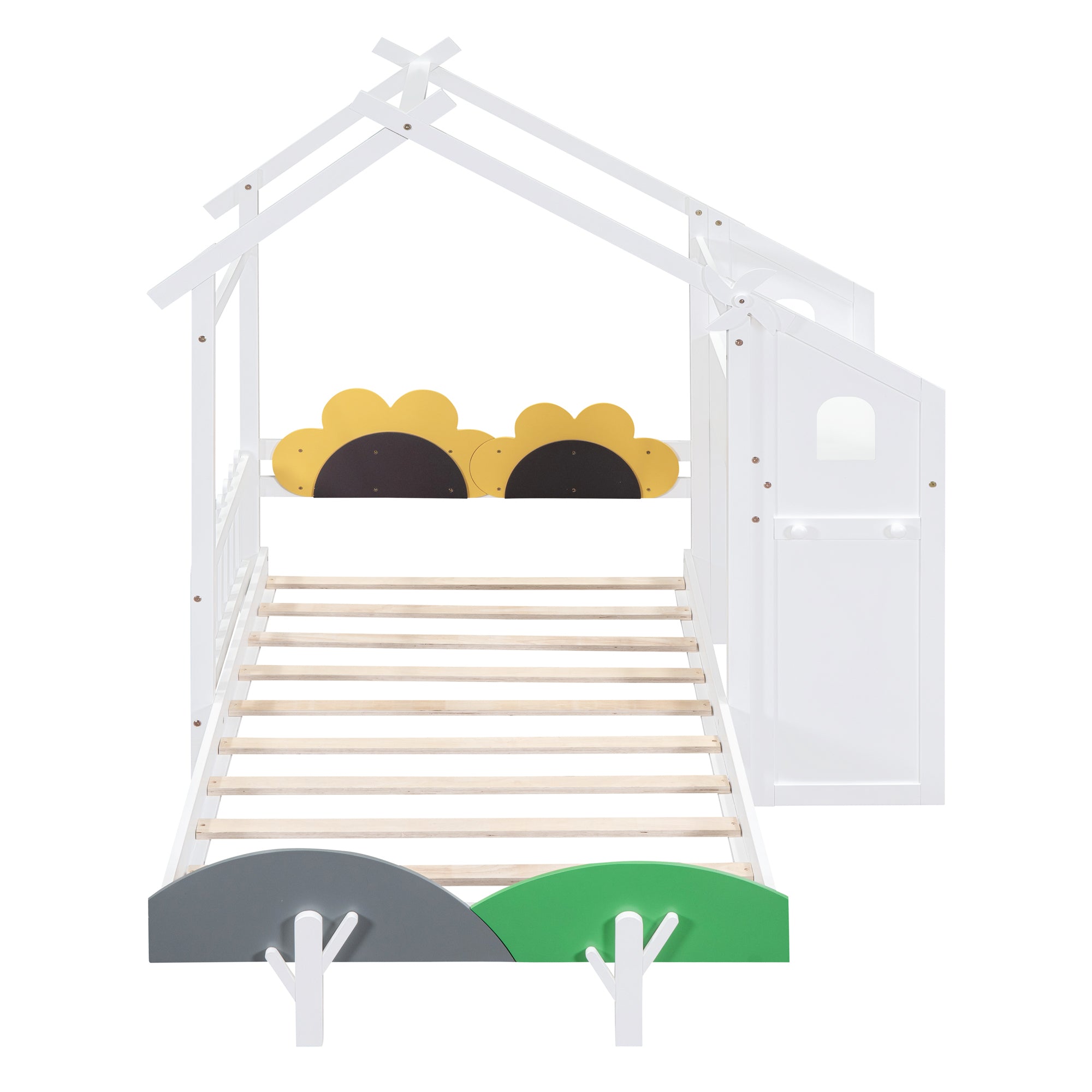 Twin Size Platform Bed with Windmill and Flower Decor, House Bed with Desk and two Handles, White