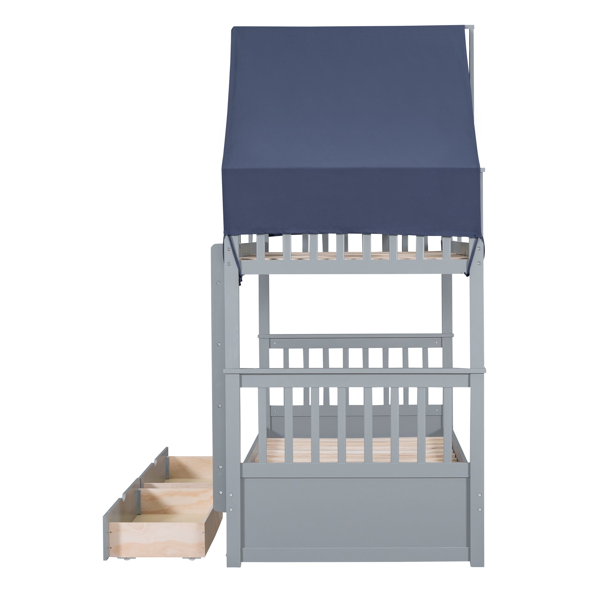 Twin Over Twin Bunk Bed Wood Bed with Tent and Drawers, Gray+Blue Tent
