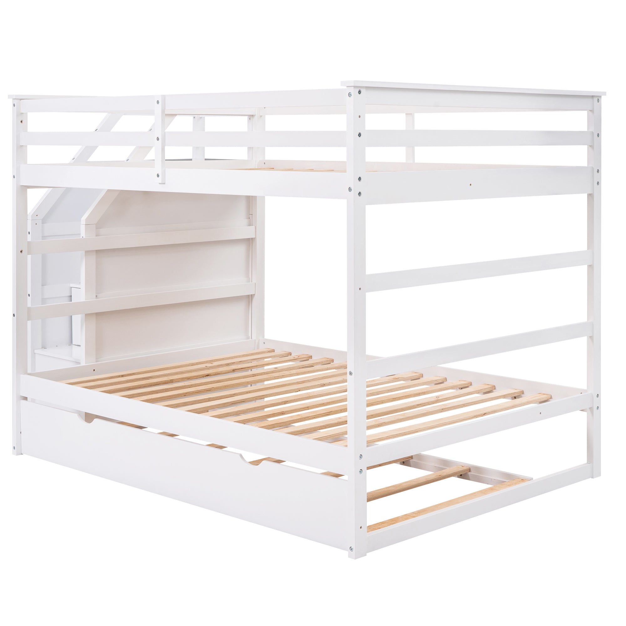 Full-over-Full Bunk Bed with Twin Size Trundle and 3 Storage Stairs,White