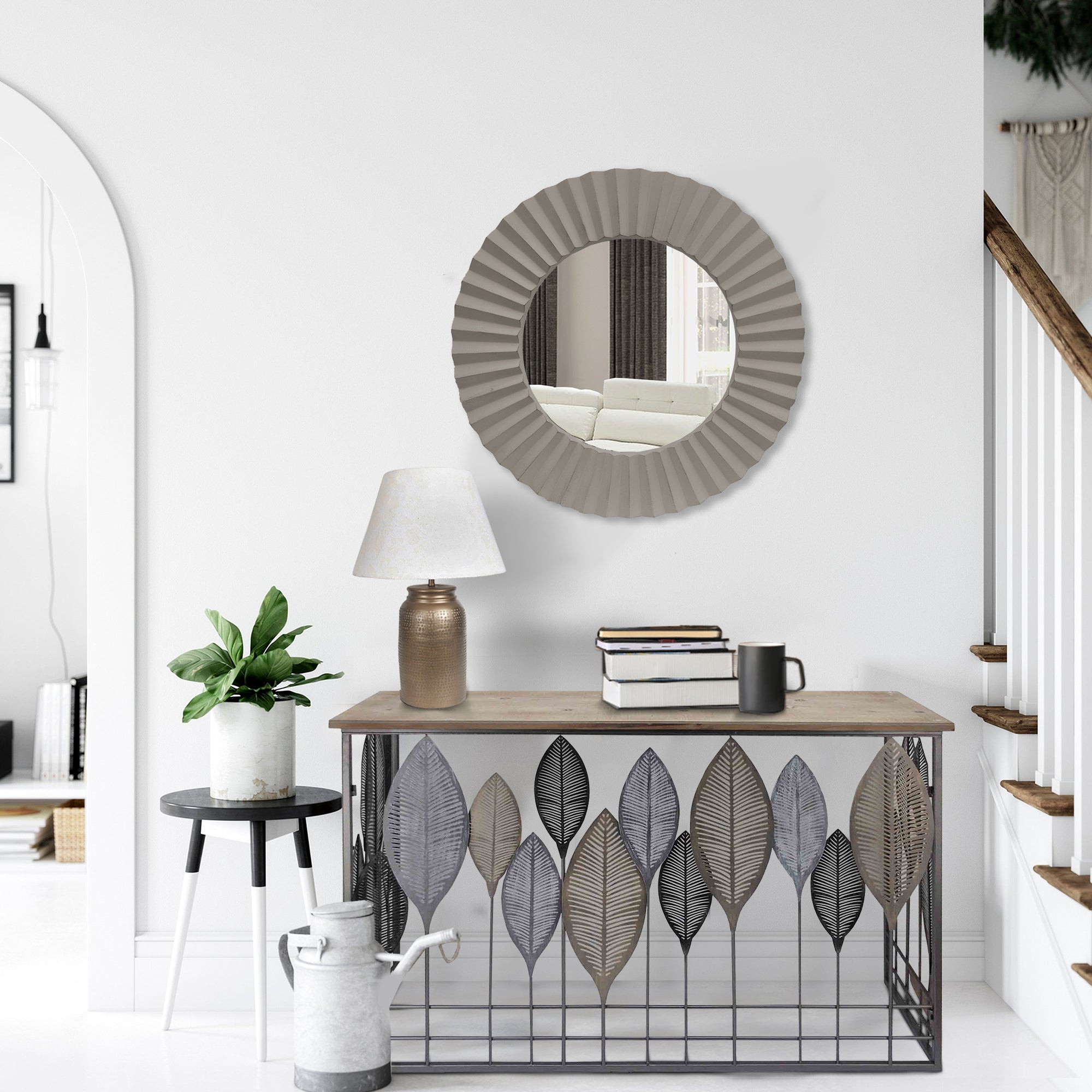32 Inch Round Beveled Floating Wall Mirror with Corrugated Design Wooden Frame, Gray