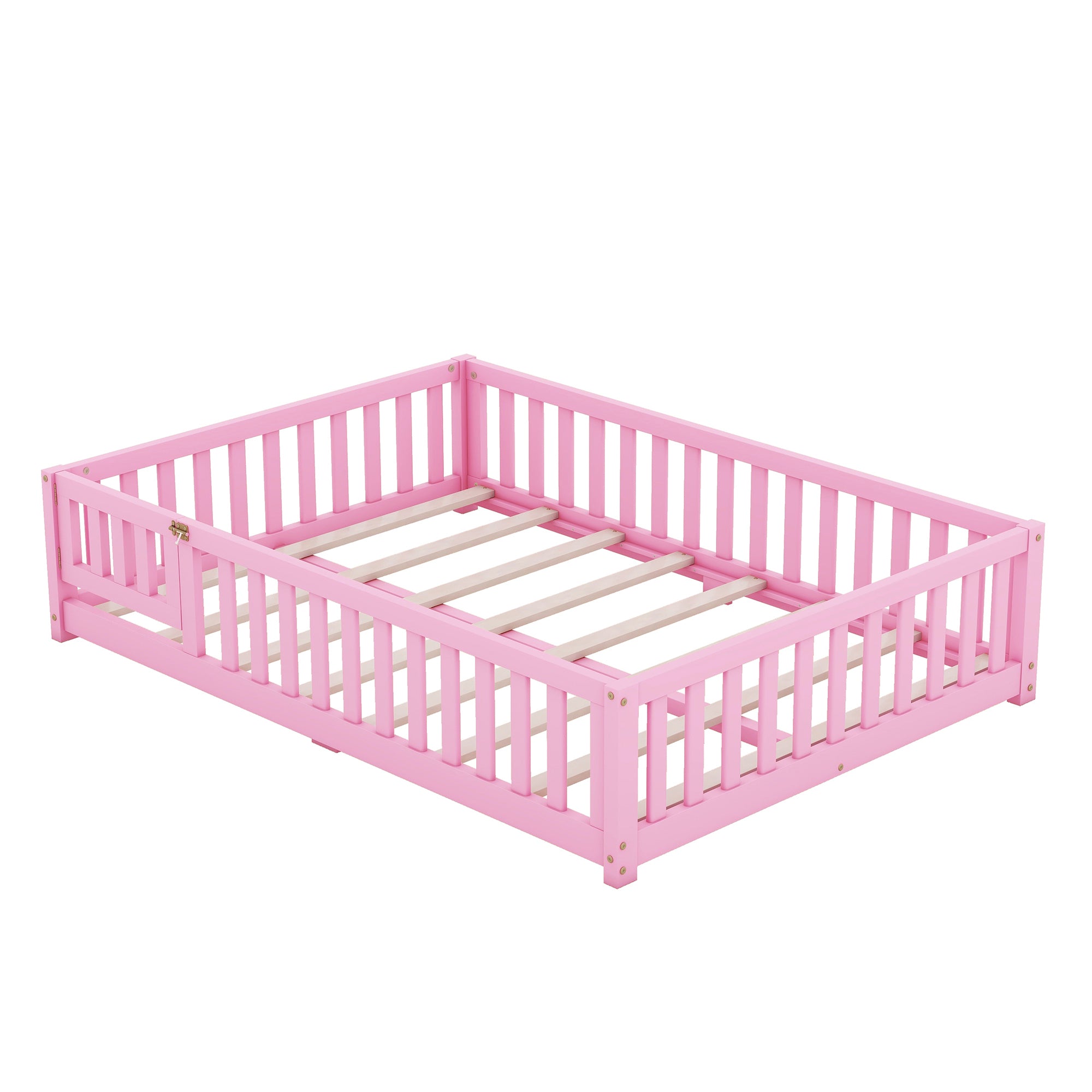 Full Size Bed Floor Bed with Safety Guardrails and Door for Kids, Pink (Expect Arrival Date Nov.2nd)