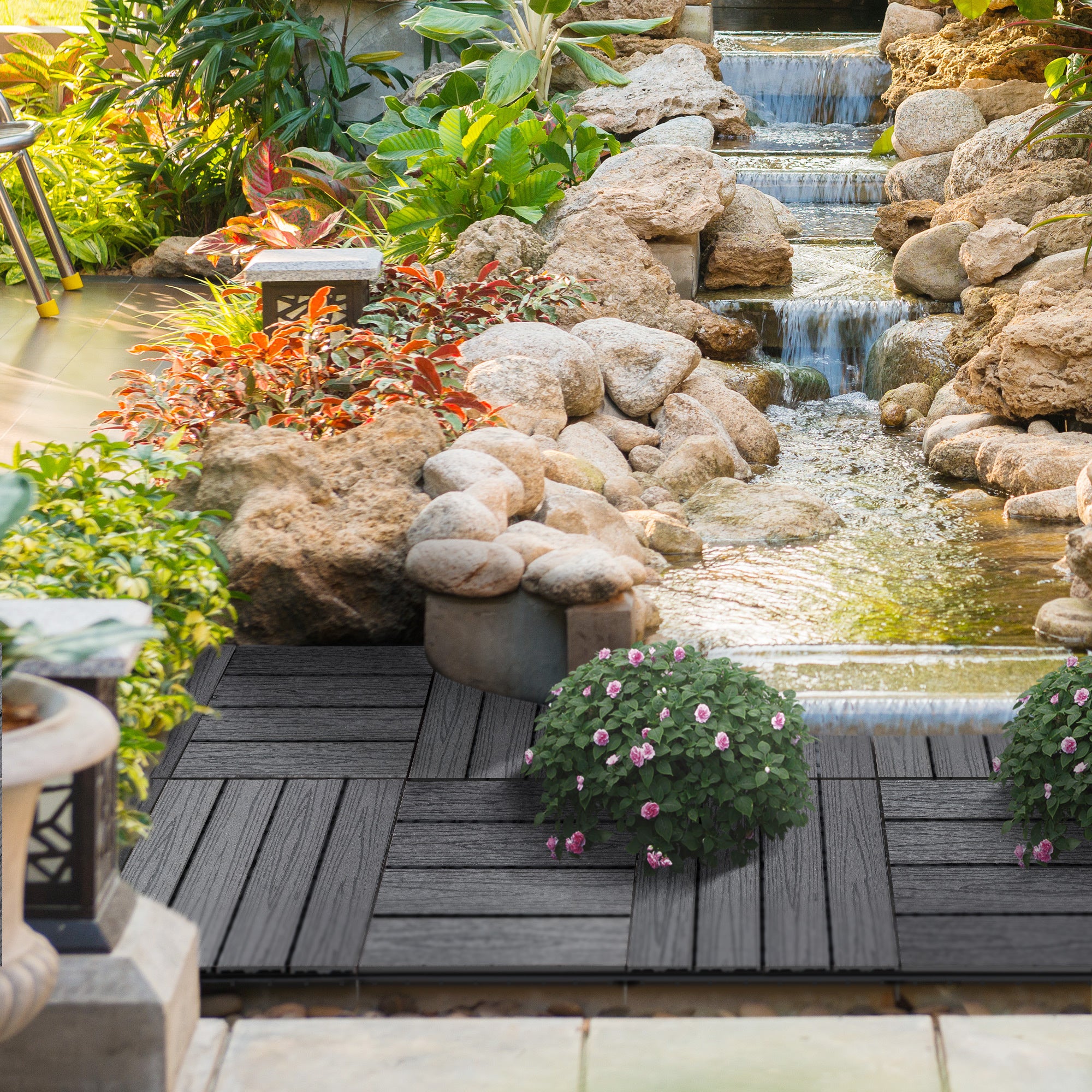 Outsunny Interlocking Deck Tiles, Pack of 11 Outdoor Flooring Patio Tiles, 12" x 12", All Weather for Porch, Balcony, Backyard for a New Classic Look, Grey