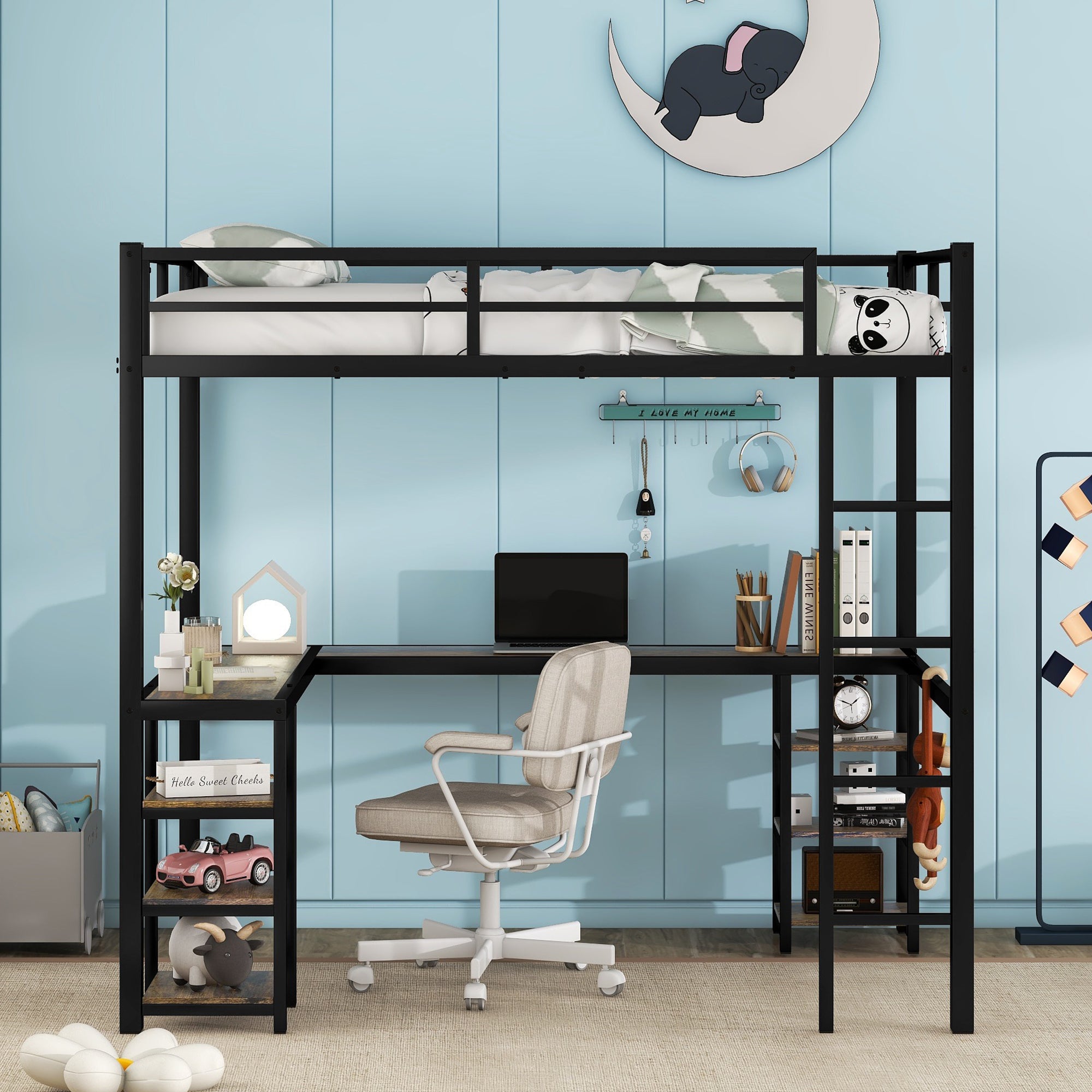 Full Metal Loft Bed with Desk and Shelves, Loft Bed with Ladder and Guardrails, Loft Bed Frame for Bedroom (Black)  (Old SKU: W1307S00009)