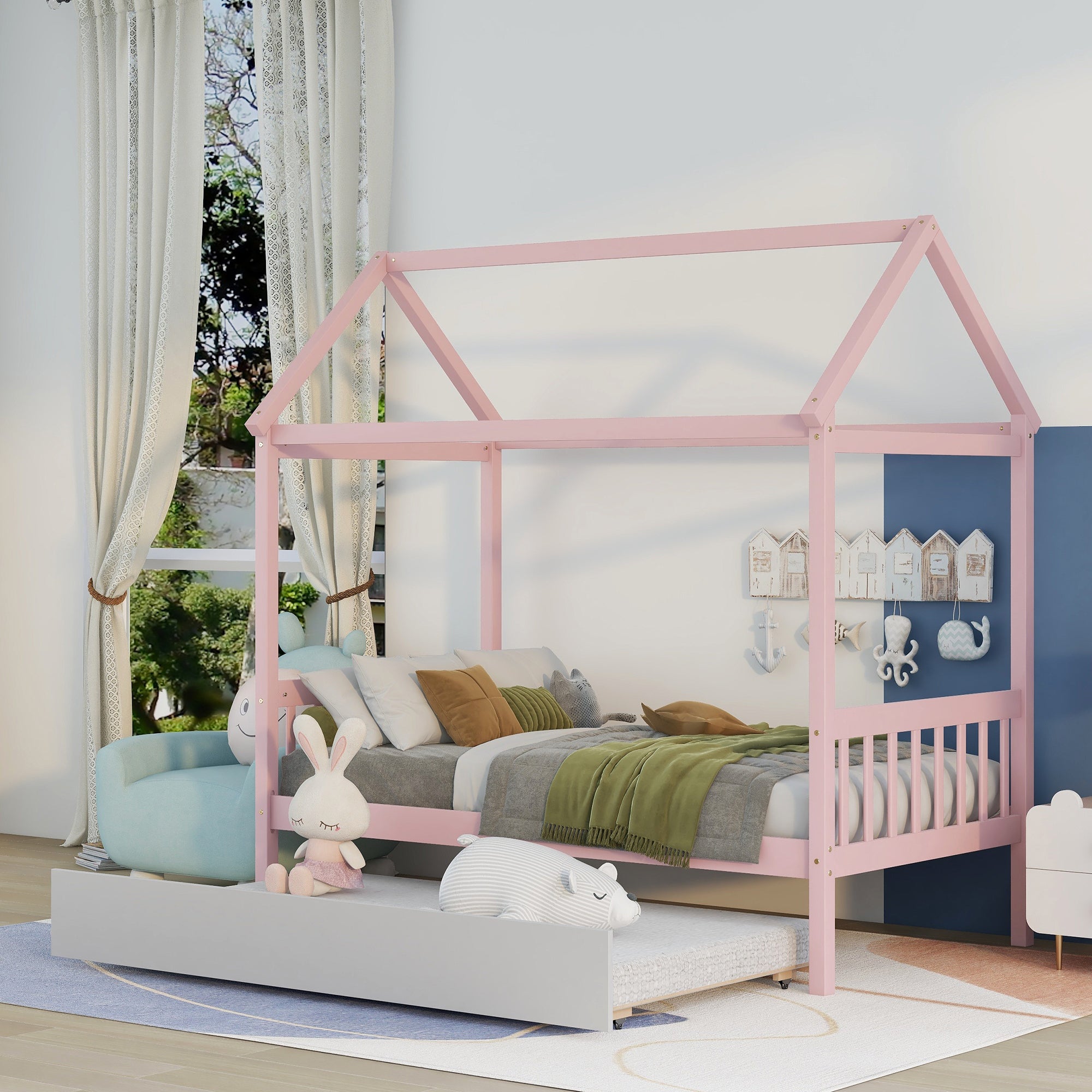 Solid Wood Twin House Bed Frame with Twin Size Trundle For Warm Pink Color, No Box Spring Needed