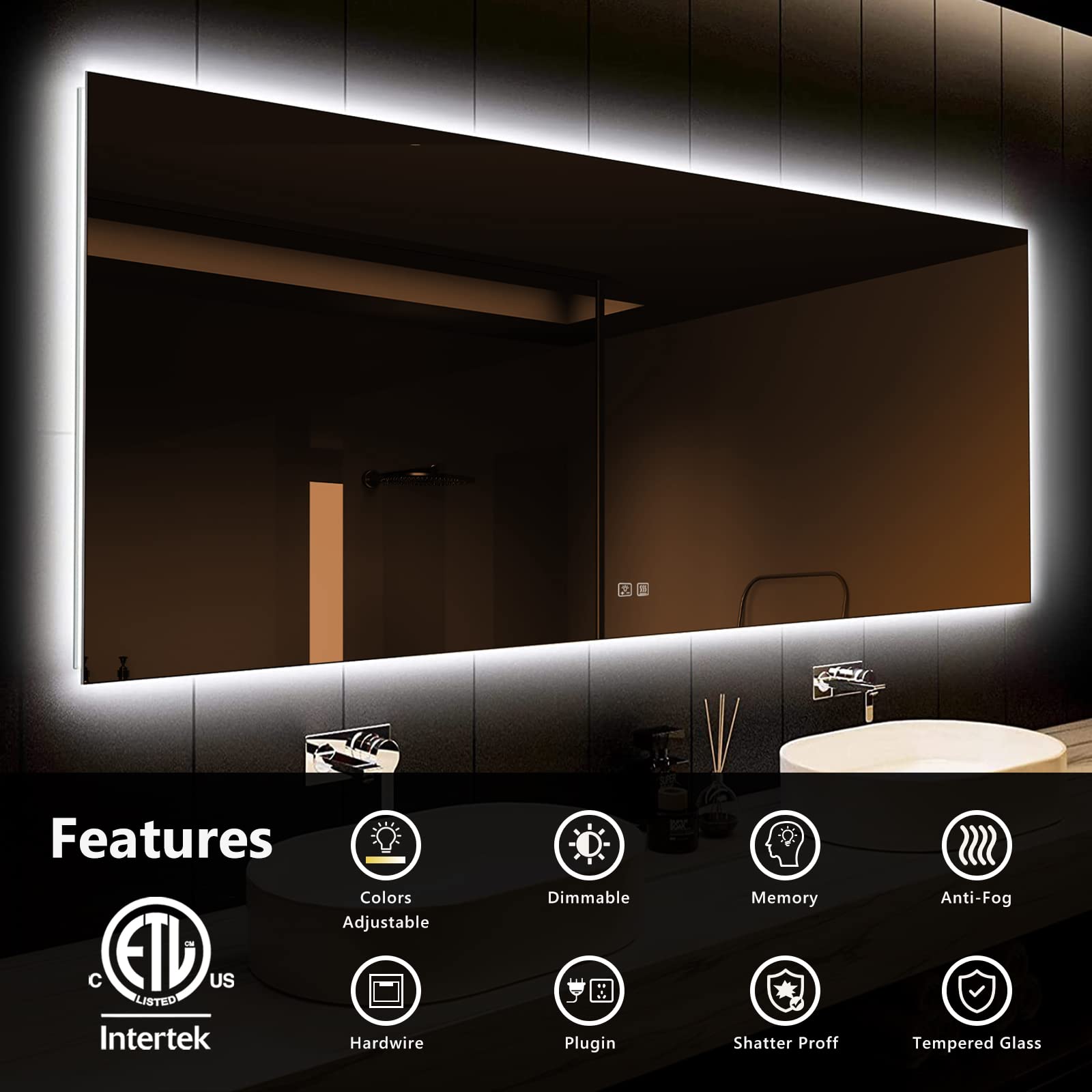 Frameless Square LED Backlit Bathroom Mirror with Dimmable Lights
