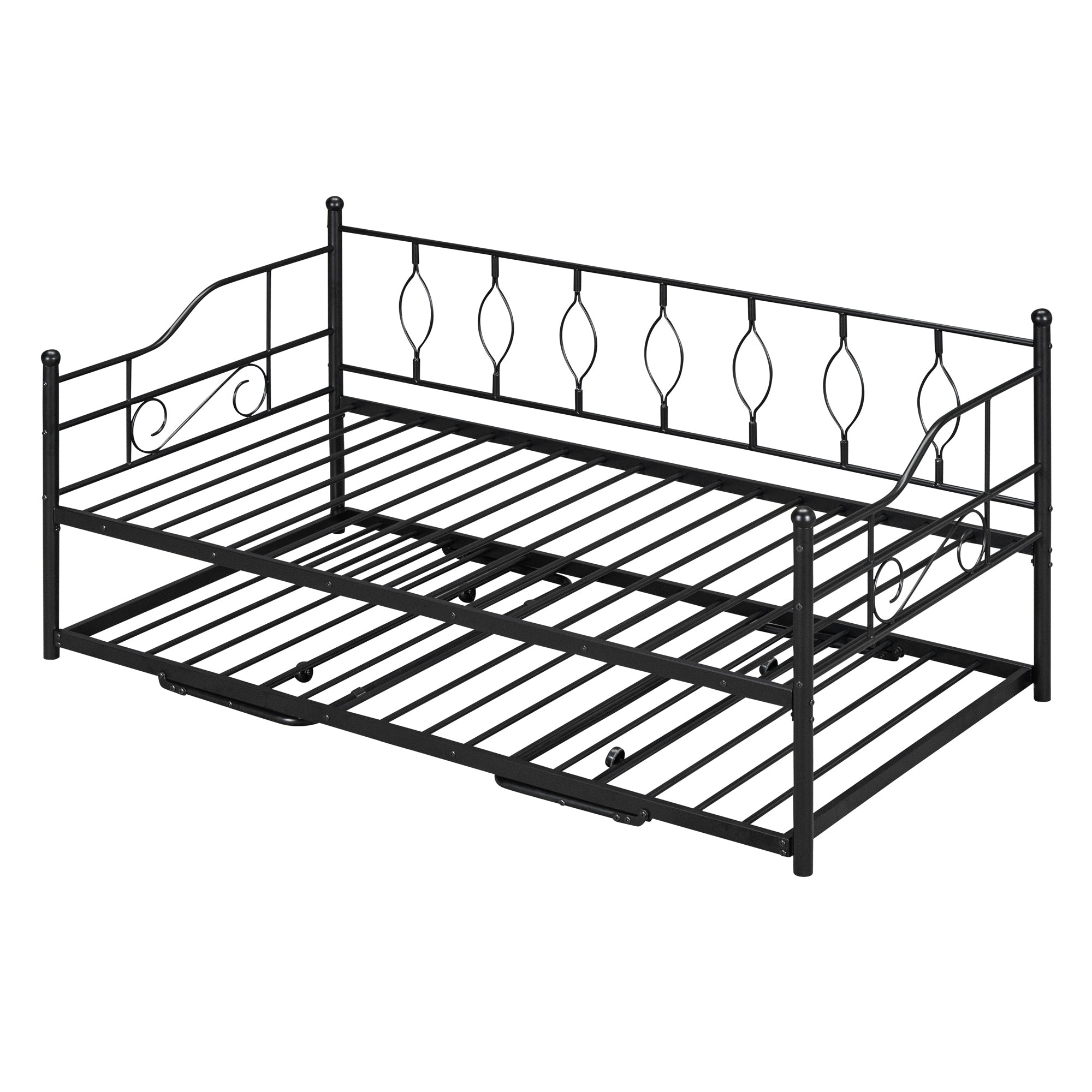 Twin Size Metal Daybed with Twin Size Adjustable Trundle, Portable Folding Trundle, Black