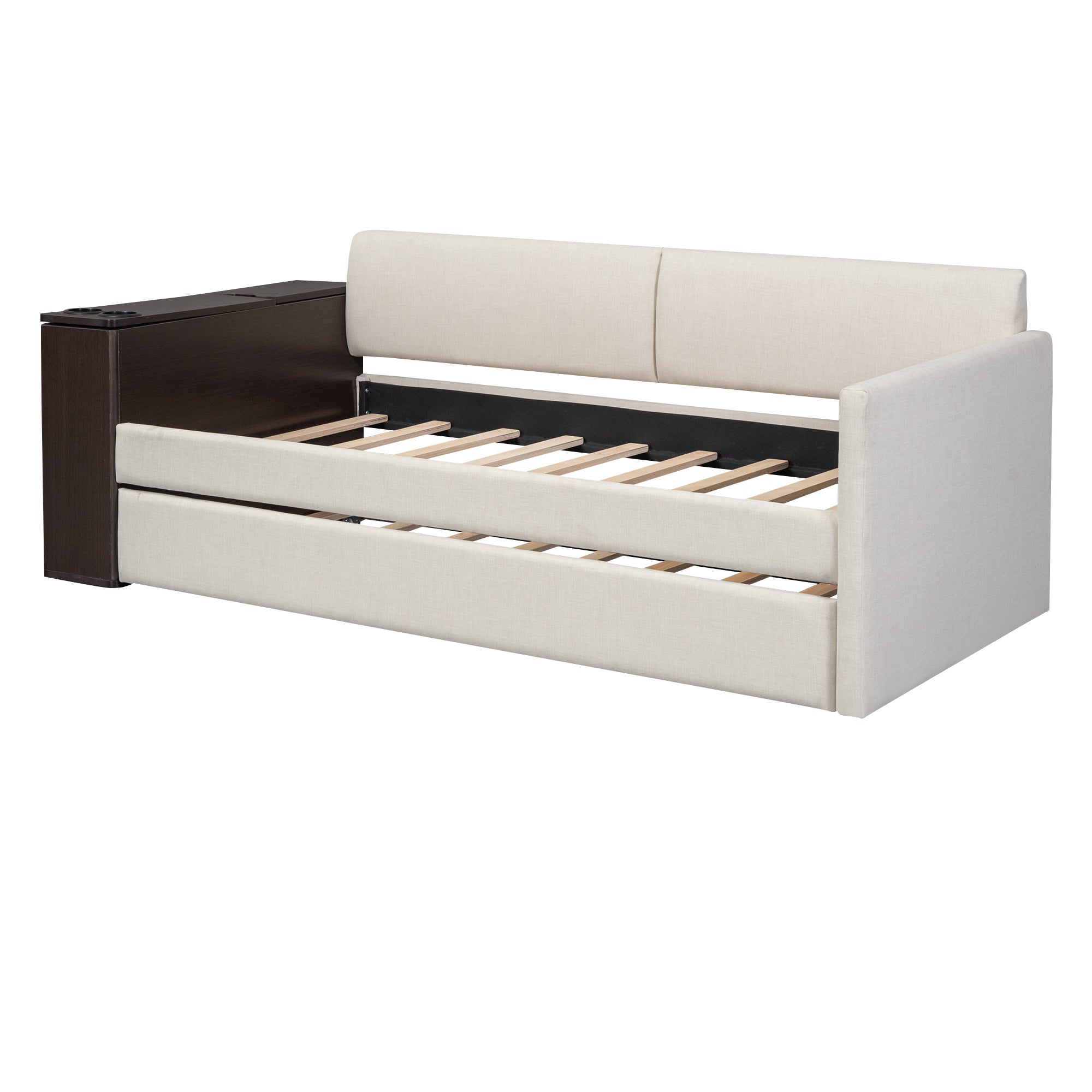 Twin Size Upholstery Daybed with Storage Arm, Trundle, Cup Holder and USB Design, Beige