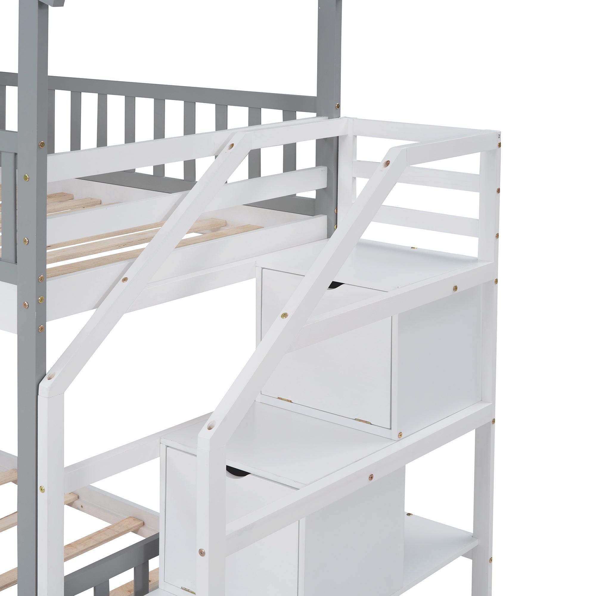 Stairway Twin-Over-Twin Bunk Bed,House Bed,Storage and Guard Rail,Gray Bed +White Stair