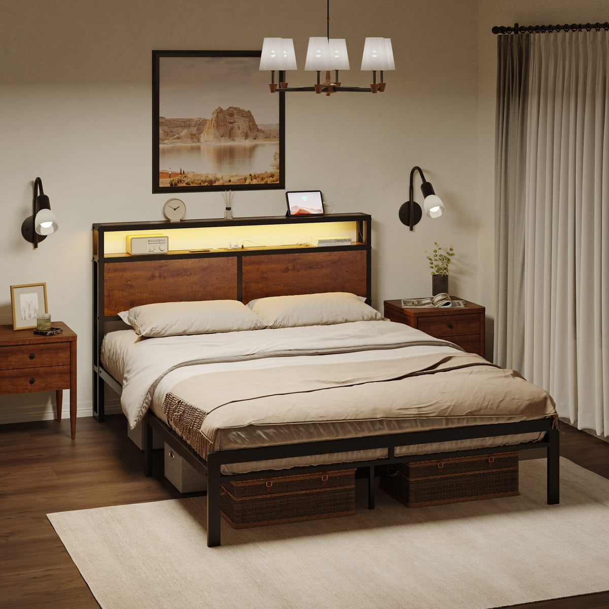 Hausource Queen Bed Frame with Storage Headboard LED Lights Platform Bed No Box Spring Needed - Brown + Black