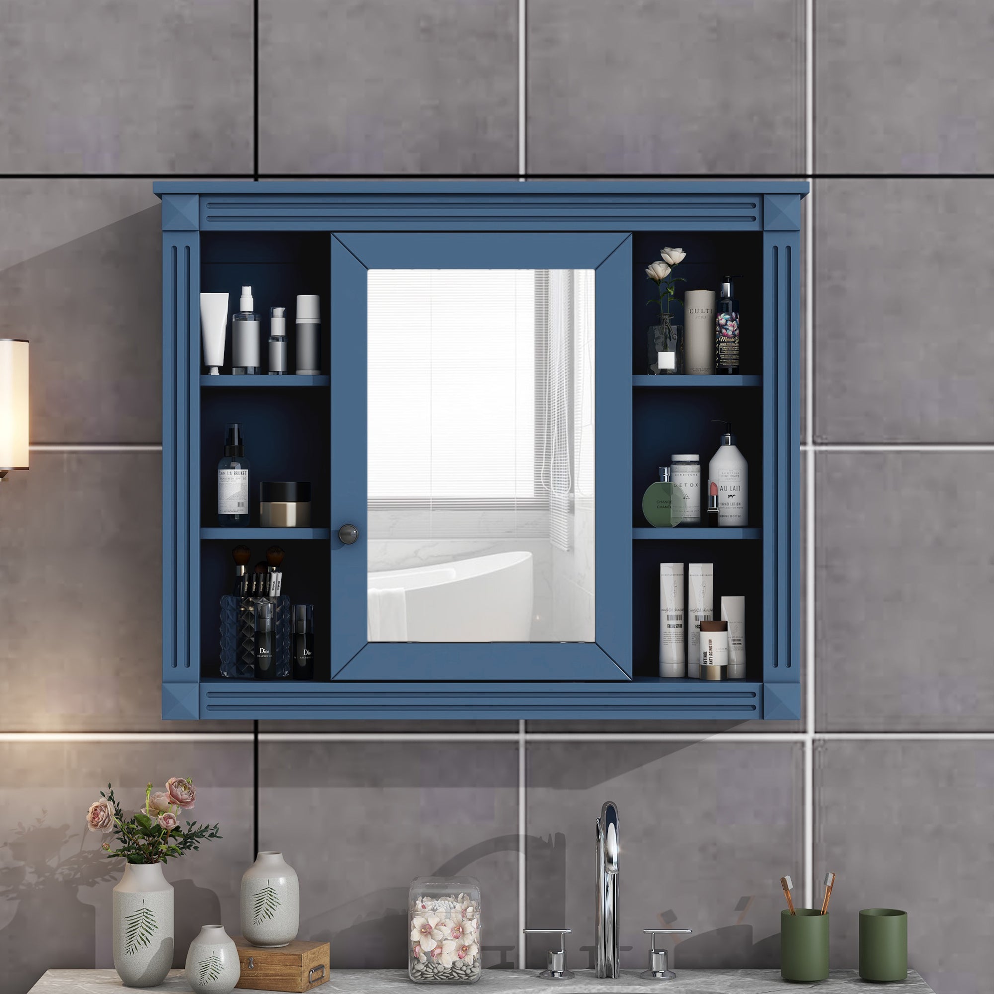 35'' x 28'' Royal Blue Wall Mounted Bathroom Storage Cabinet, Modern Bathroom Wall Cabinet with Mirror, Mirror Cabinet with 6 Open Shelves