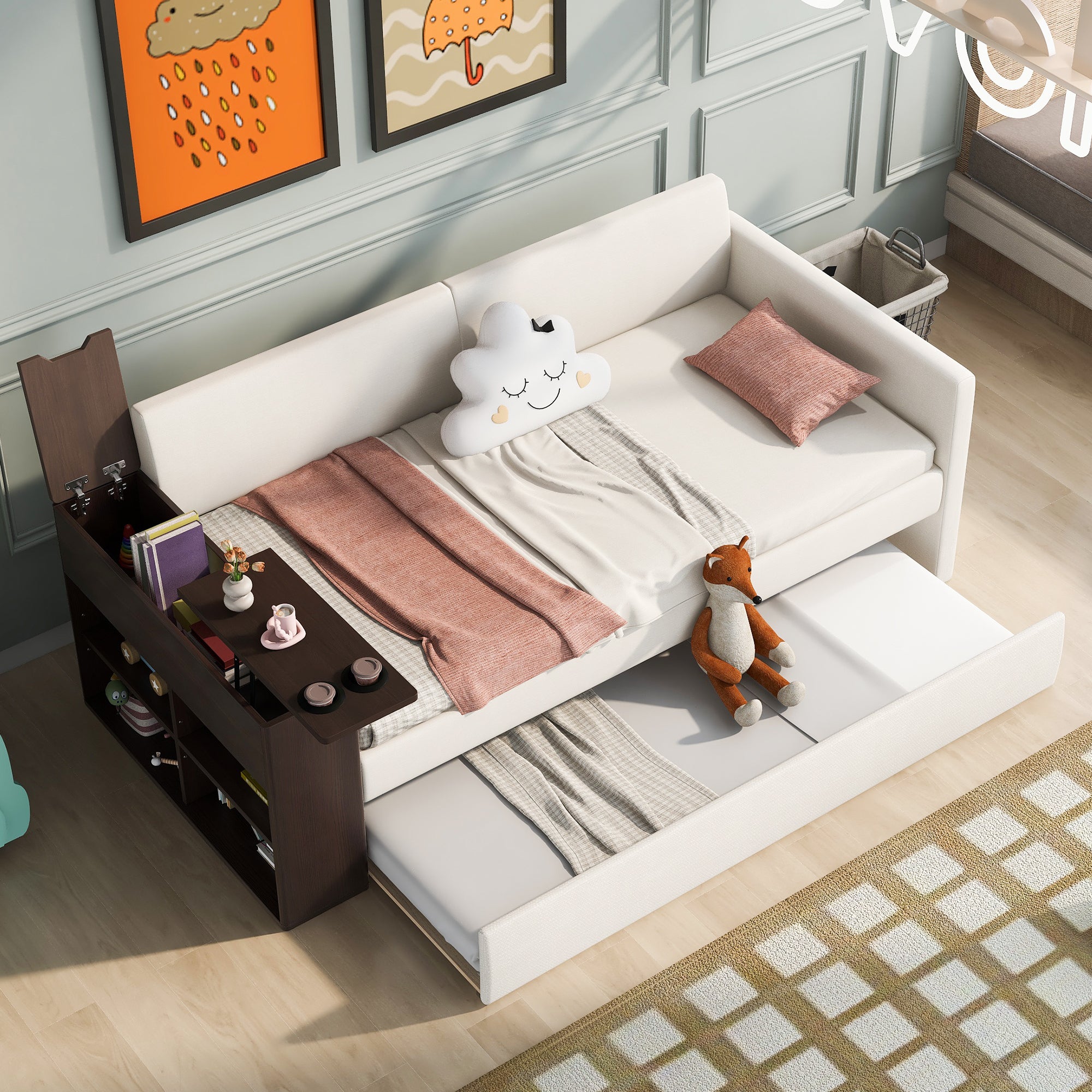 Twin Size Upholstery Daybed with Storage Arm, Trundle, Cup Holder and USB Design, Beige