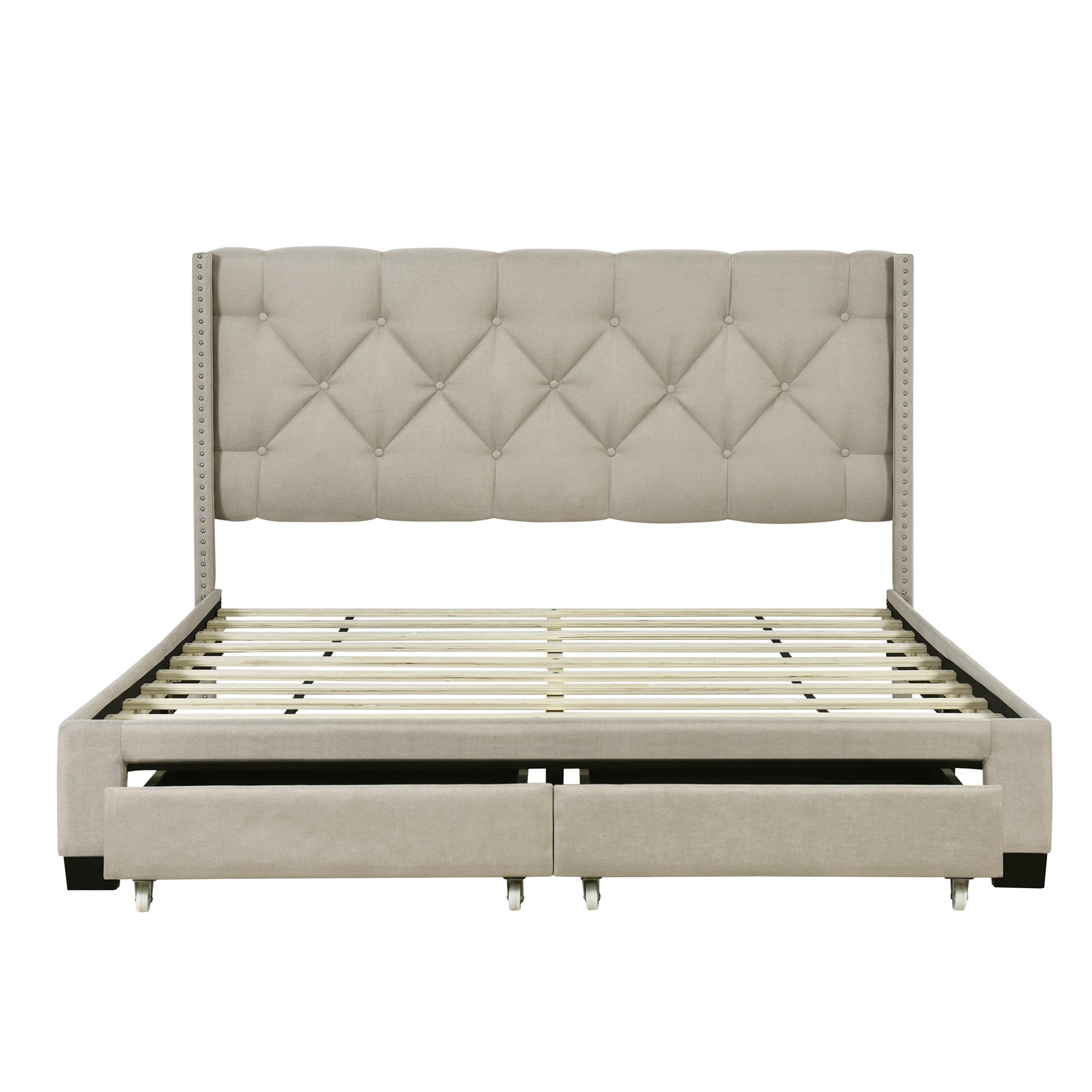 Queen Size Storage Bed Linen Upholstered Platform Bed with Two Drawers - Beige