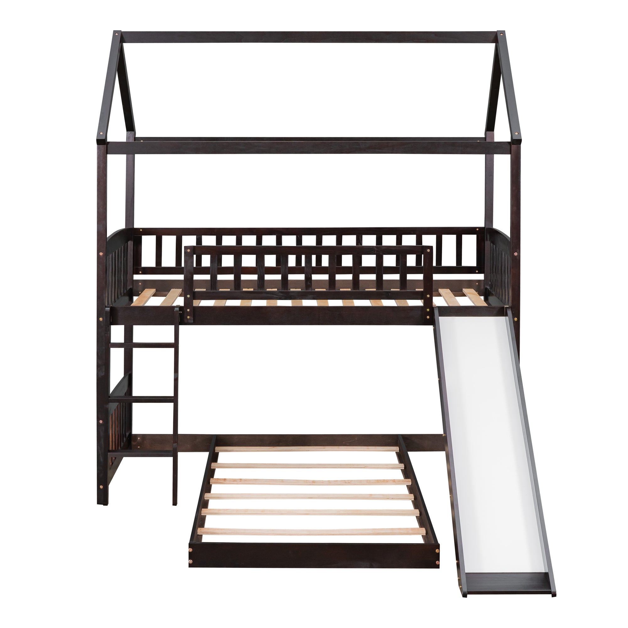 Twin Over Twin Bunk Bed with Slide, House Bed with Slide, Espresso(OLD SKU: LT000214AAP)