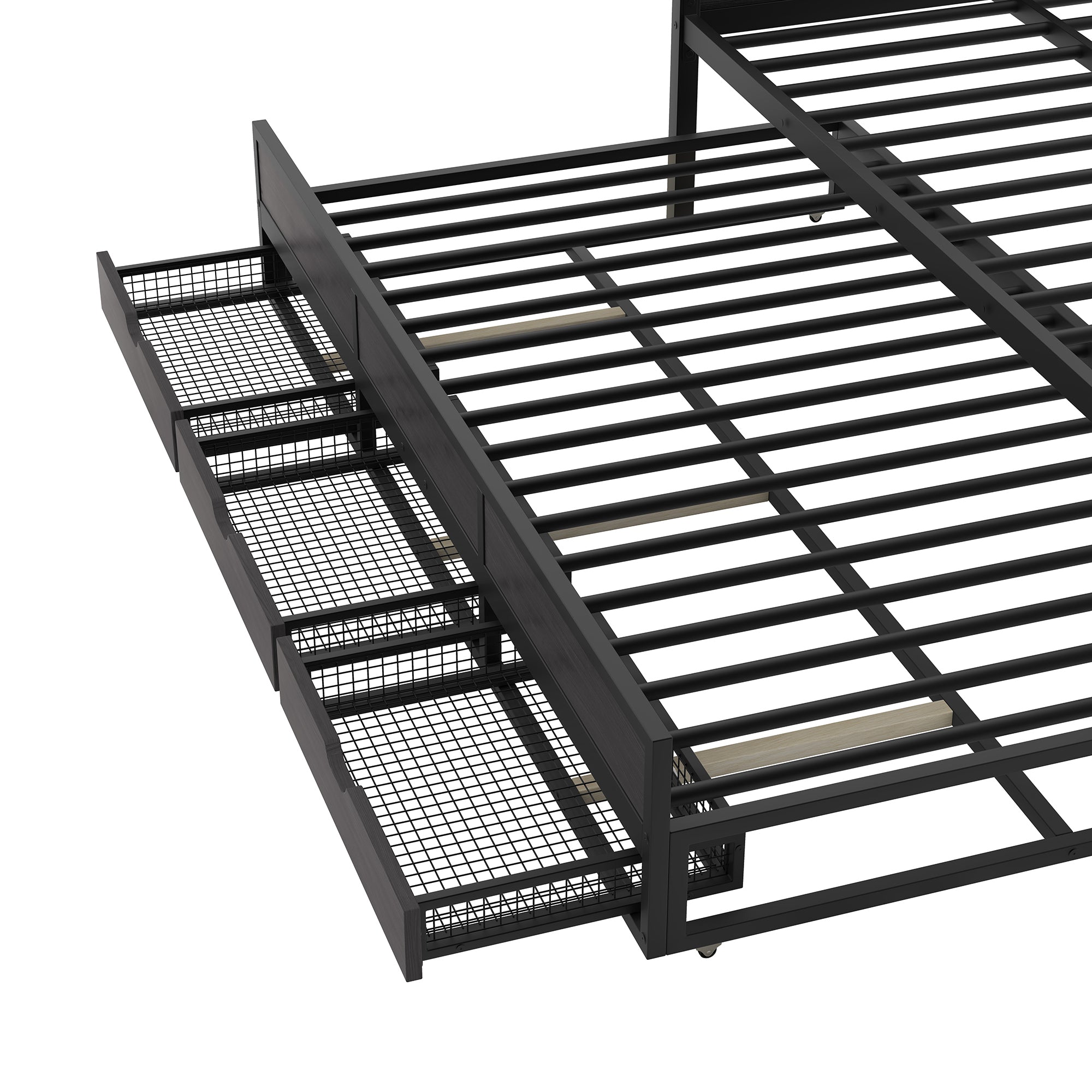Queen Size Metal Canopy Platform Bed with Twin Size Trundle and 3 Storage Drawers, Black