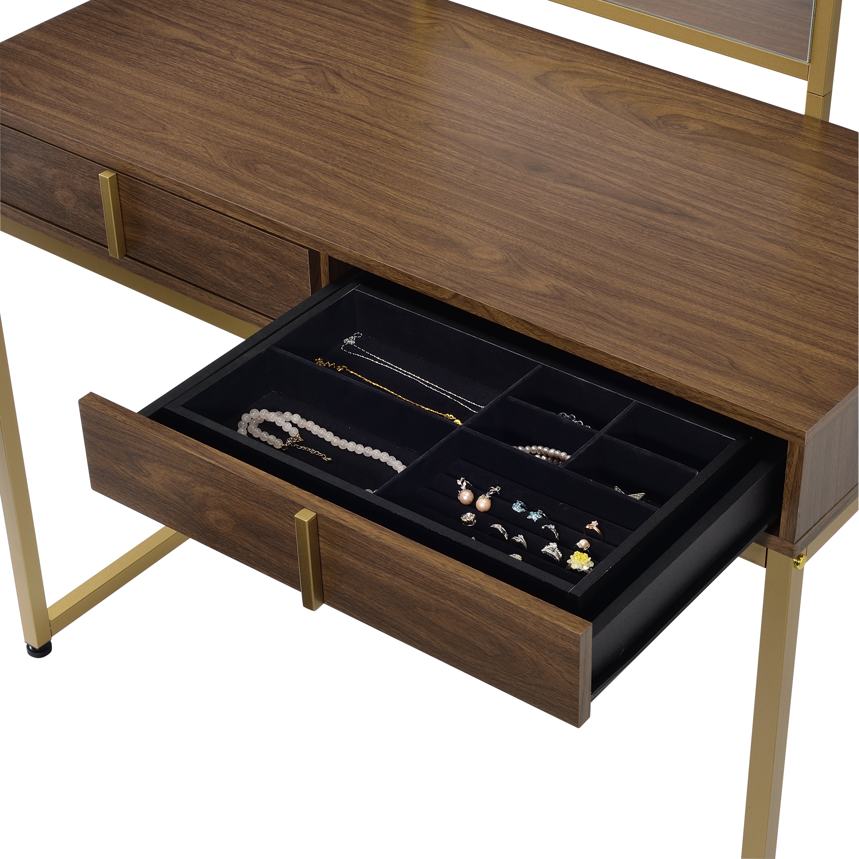 Coleen Vanity Desk w/Mirror & Jewelry Tray in Walnut & Gold Finish AC00670