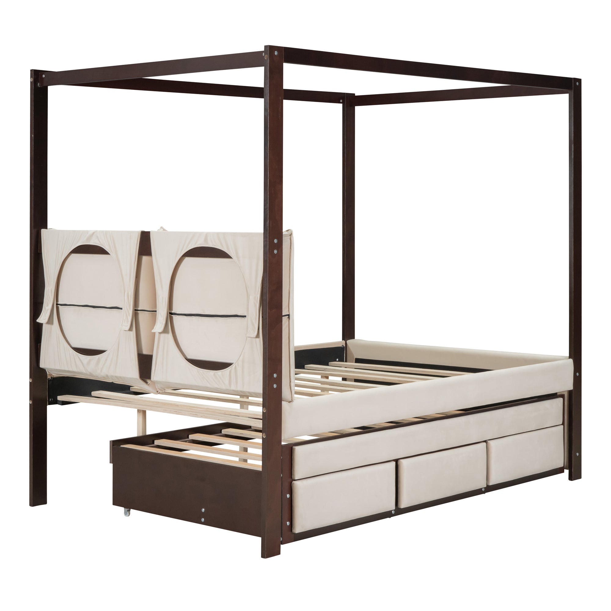 Full Size Upholstered  Canopy Bed with Trundle and 3 Drawers, Beige