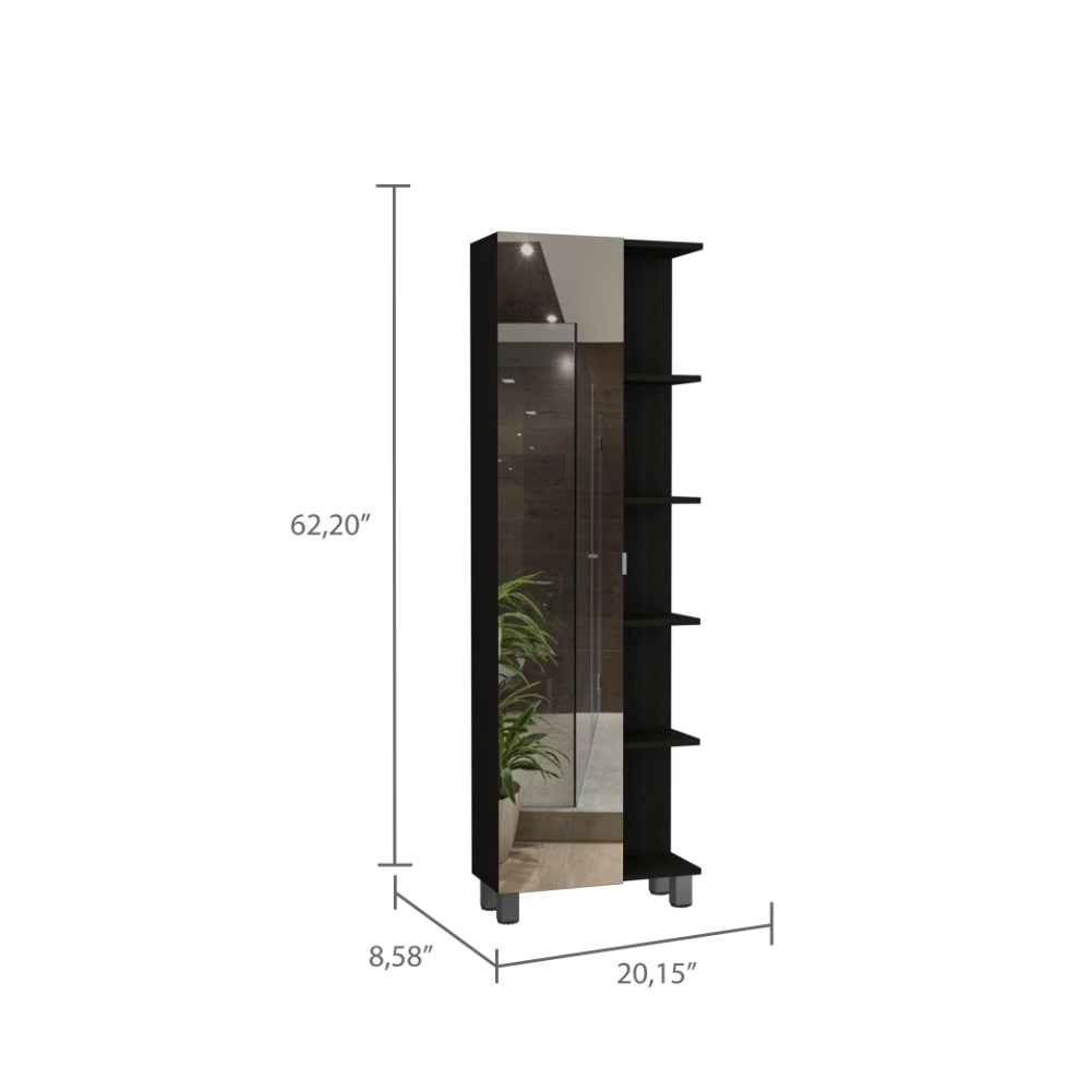 Urano Mirror Linen Cabinet, Four Interior  Shelves, Five External Shelves -Black