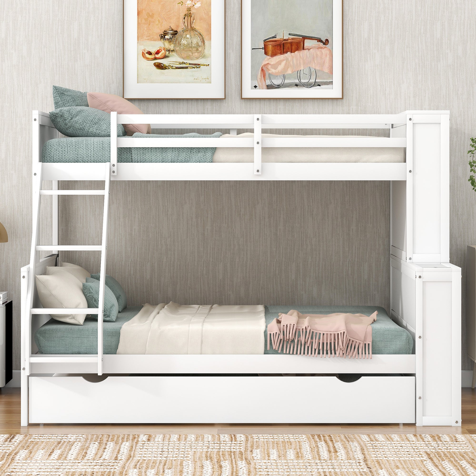 Twin over Full Bunk Bed with Trundle and Shelves, can be Separated into Three Separate Platform Beds, White