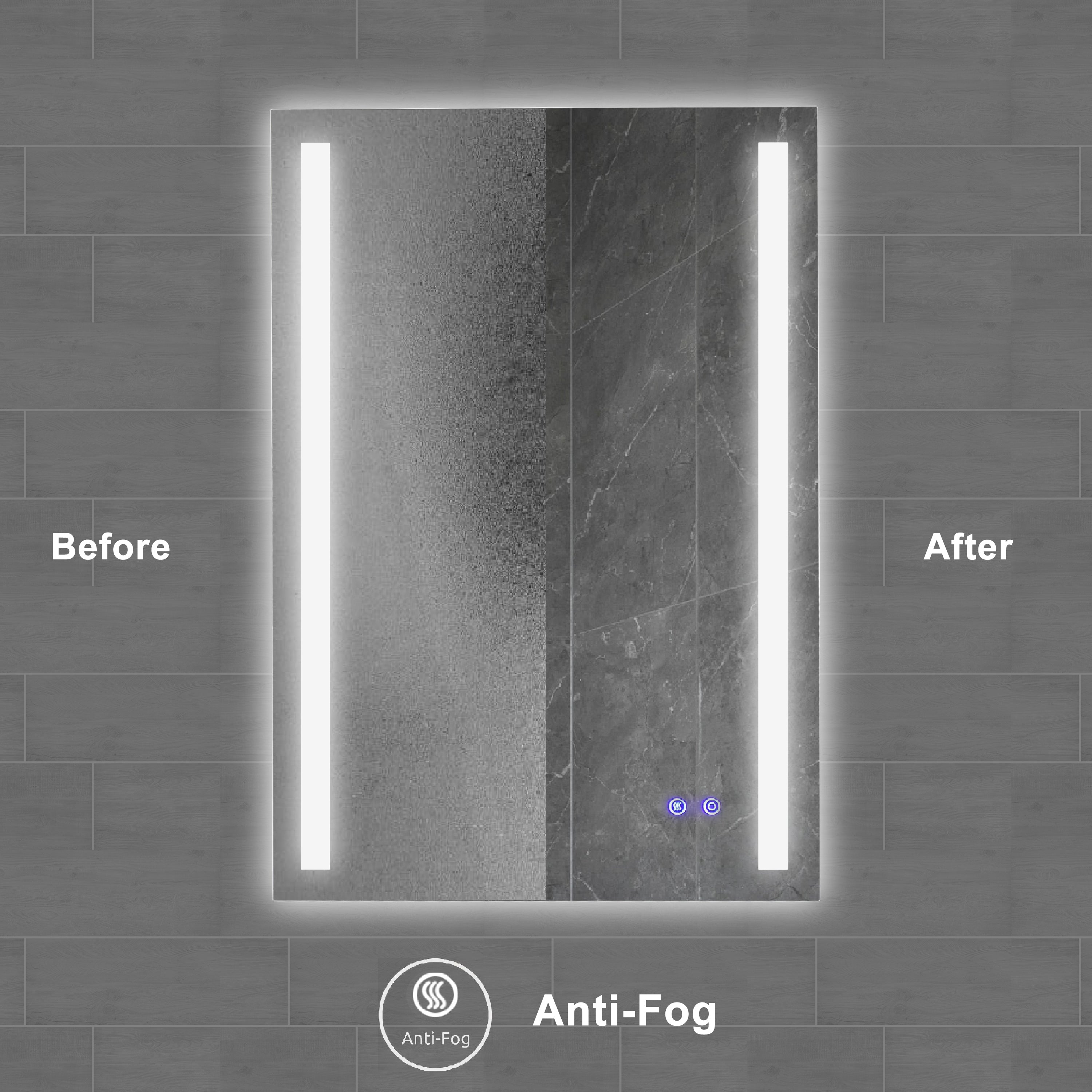 24 x 36 Inch Frameless LED Illuminated Bathroom Mirror, Touch Button Defogger, Metal, Vertical Stripes Design, Silver