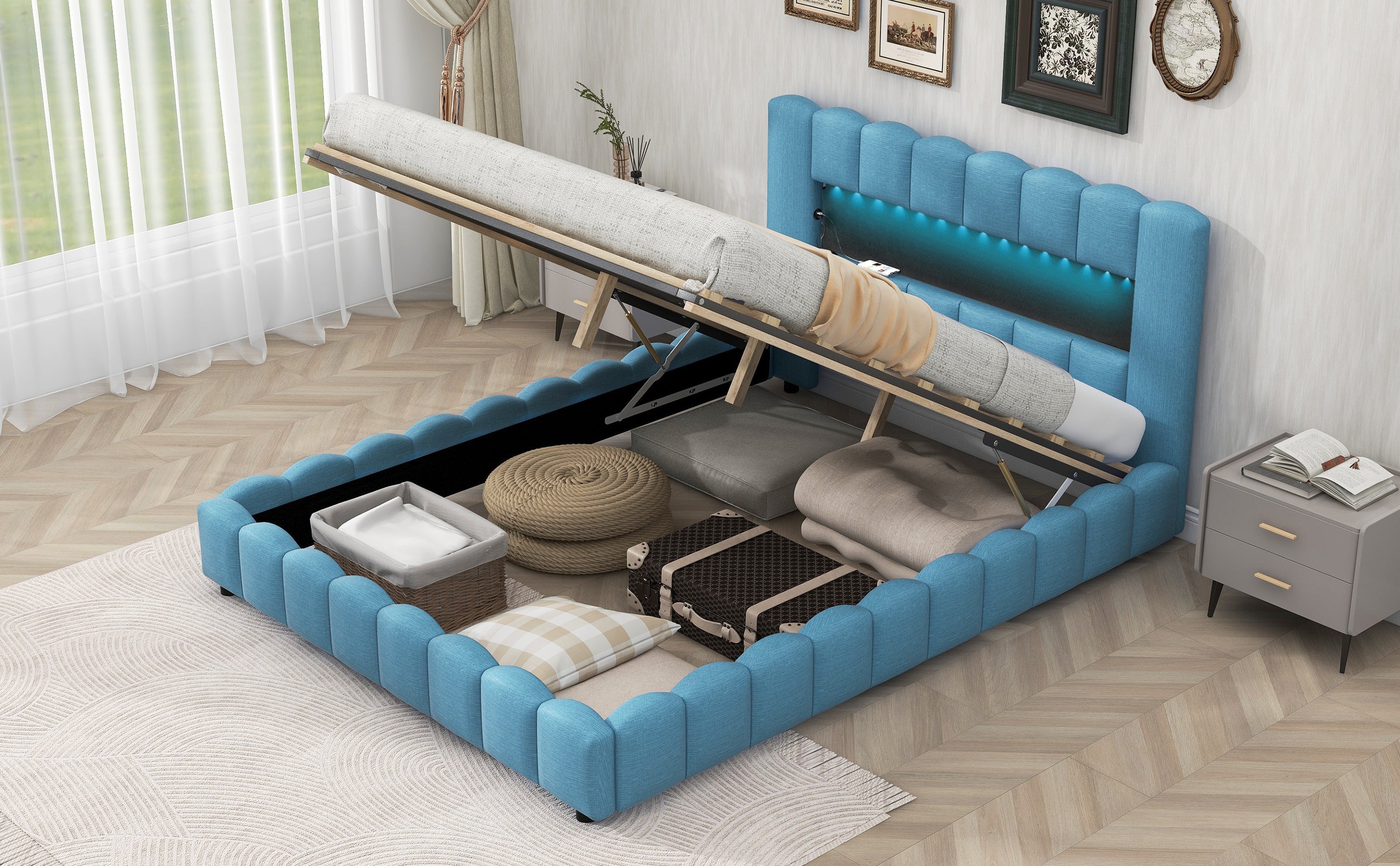 Queen Size Upholstered Platform Bed with LED Headboard and USB, Blue