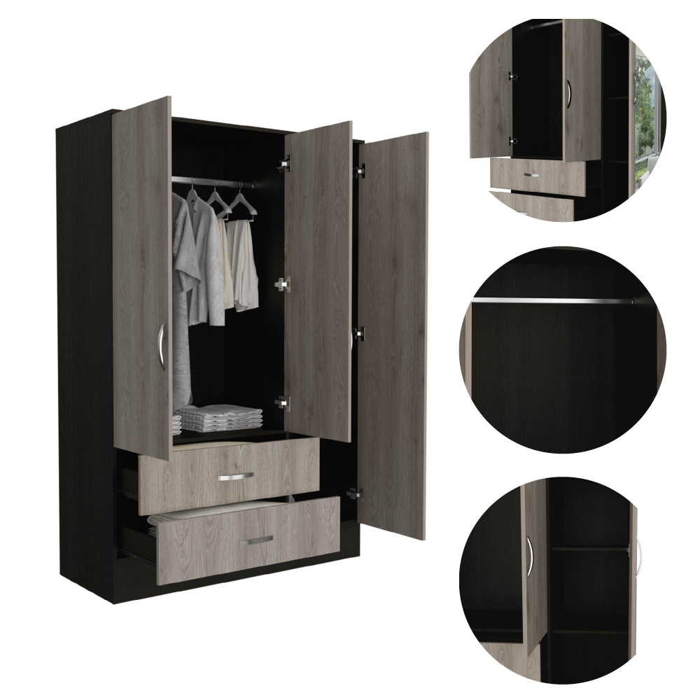 Bolton 120 Mirrored Armoire, Metal Hardware, Double Door Cabinet, Two Drawers, Single Door With Mirror, Rods -Black / Light Gray