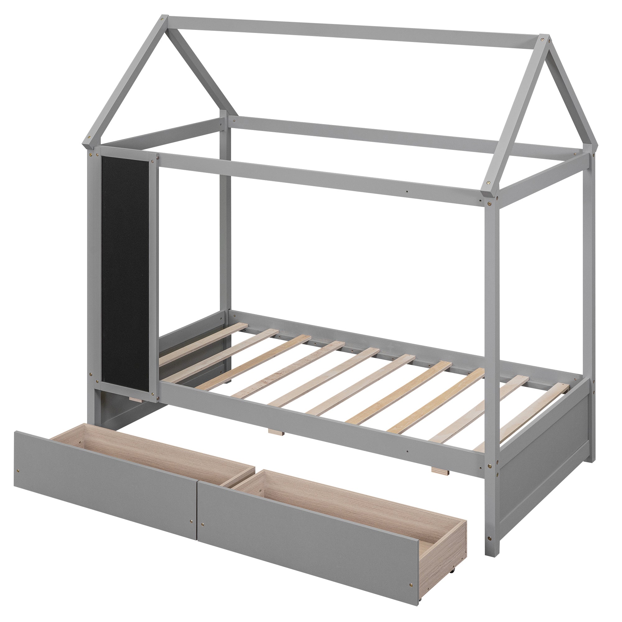 Twin Size House Bed with Drawers and Blackboard, Gray