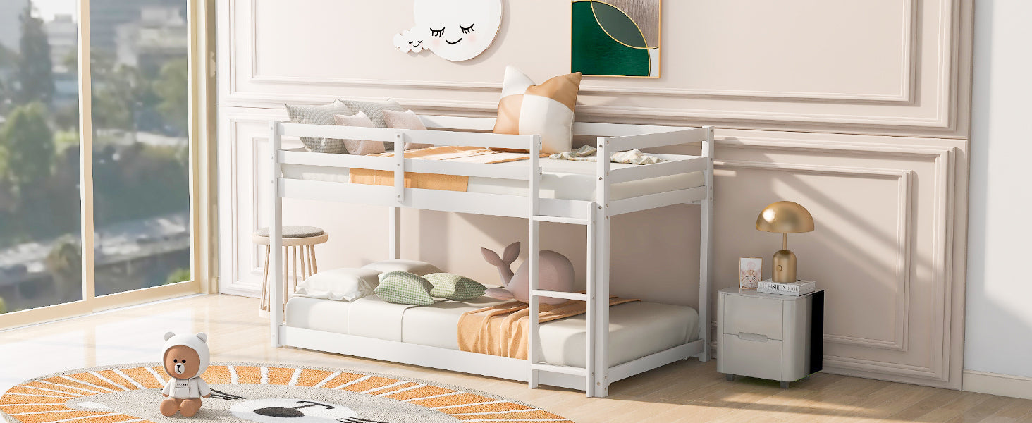 Twin over Twin Floor Bunk Bed with Ladder, White(Old SKU:WF293017AAK)
