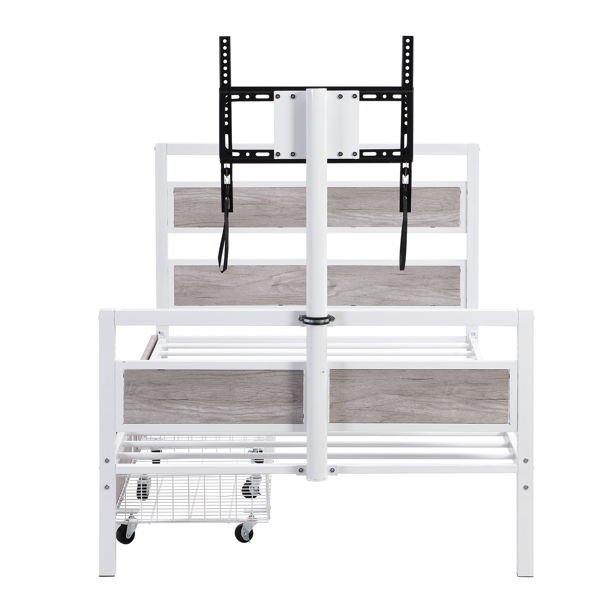 Twin Size Metal Platform Bed with MDF Headboard and Footboard,Two Storage Drawers and Rotatable TV Stand,White