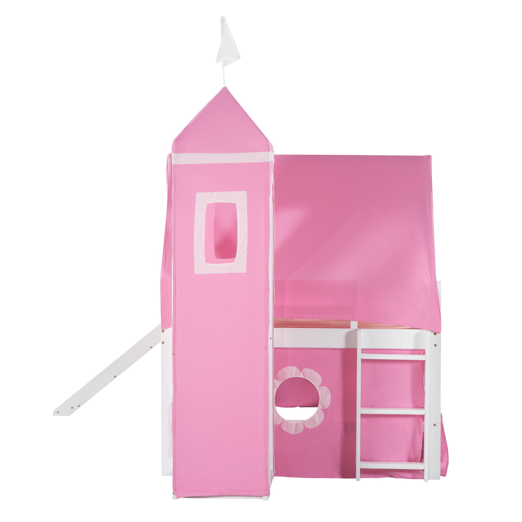 Full Size Bunk Bed with Slide Pink Tent and Tower - Pink