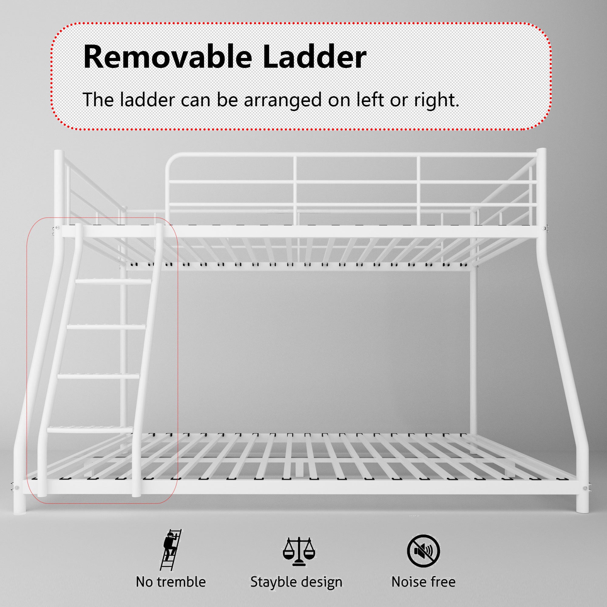 White Twin over Full Metal Bunk Bed with Comfortable Rungs, Easy to assemble