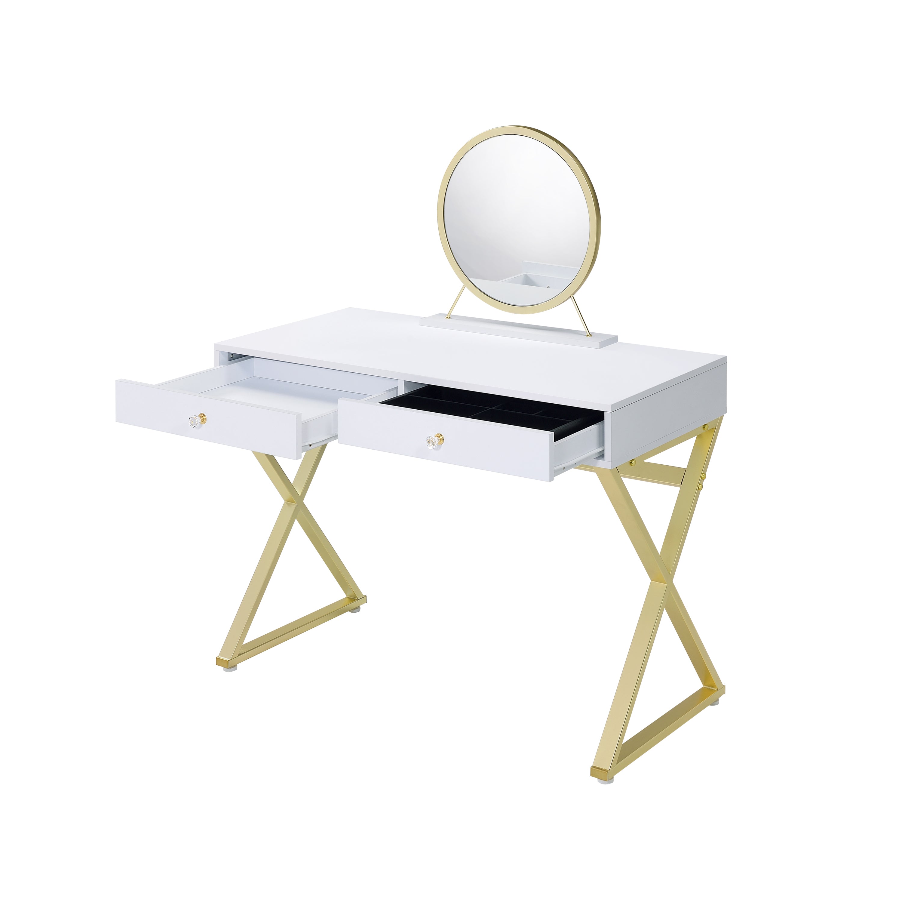 Coleen Vanity Desk w/Mirror & Jewelry Tray in White & Gold Finish AC00667