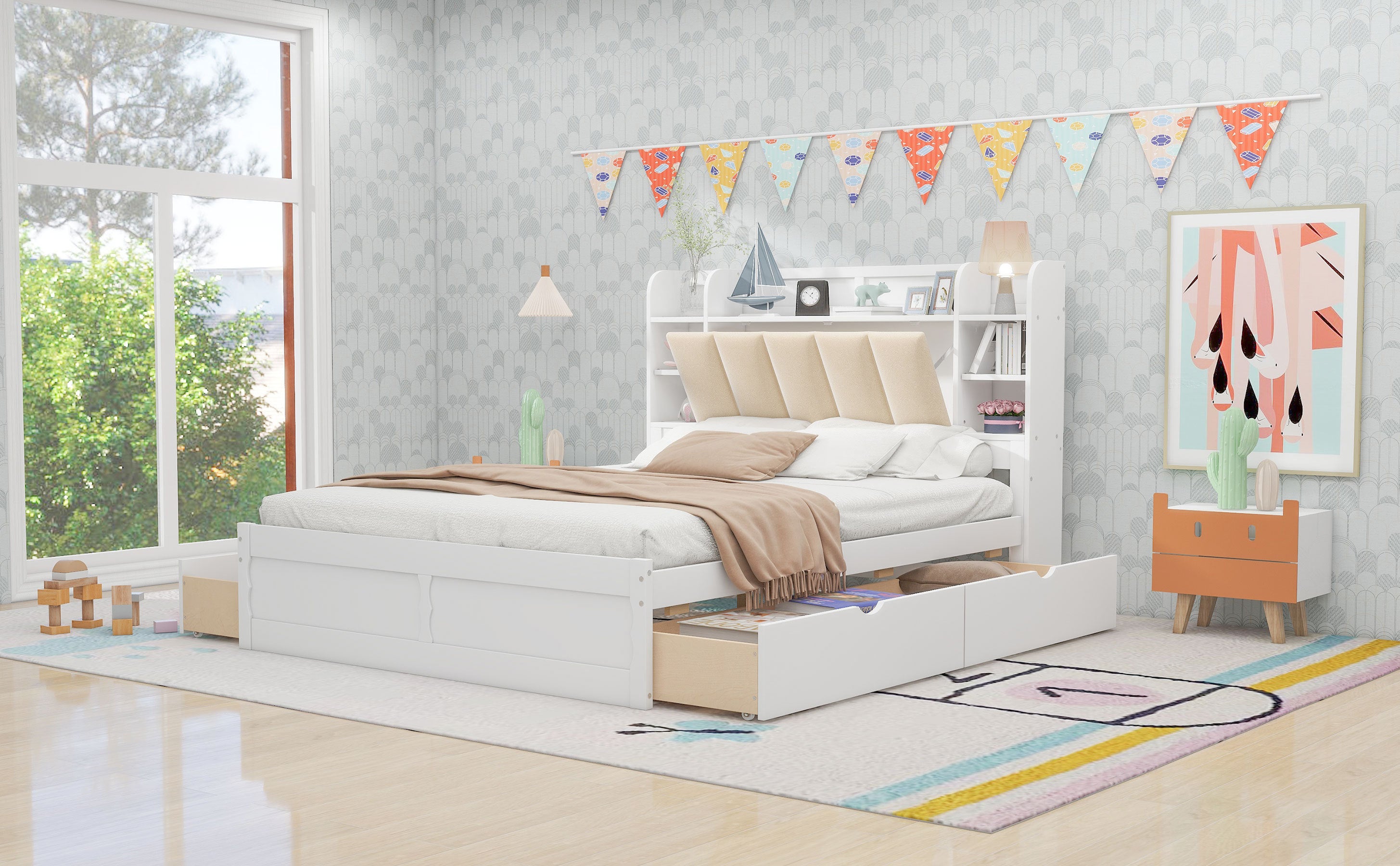 Wood Queen Size Platform Bed with Storage Headboard, Shelves and 4 Drawers, White