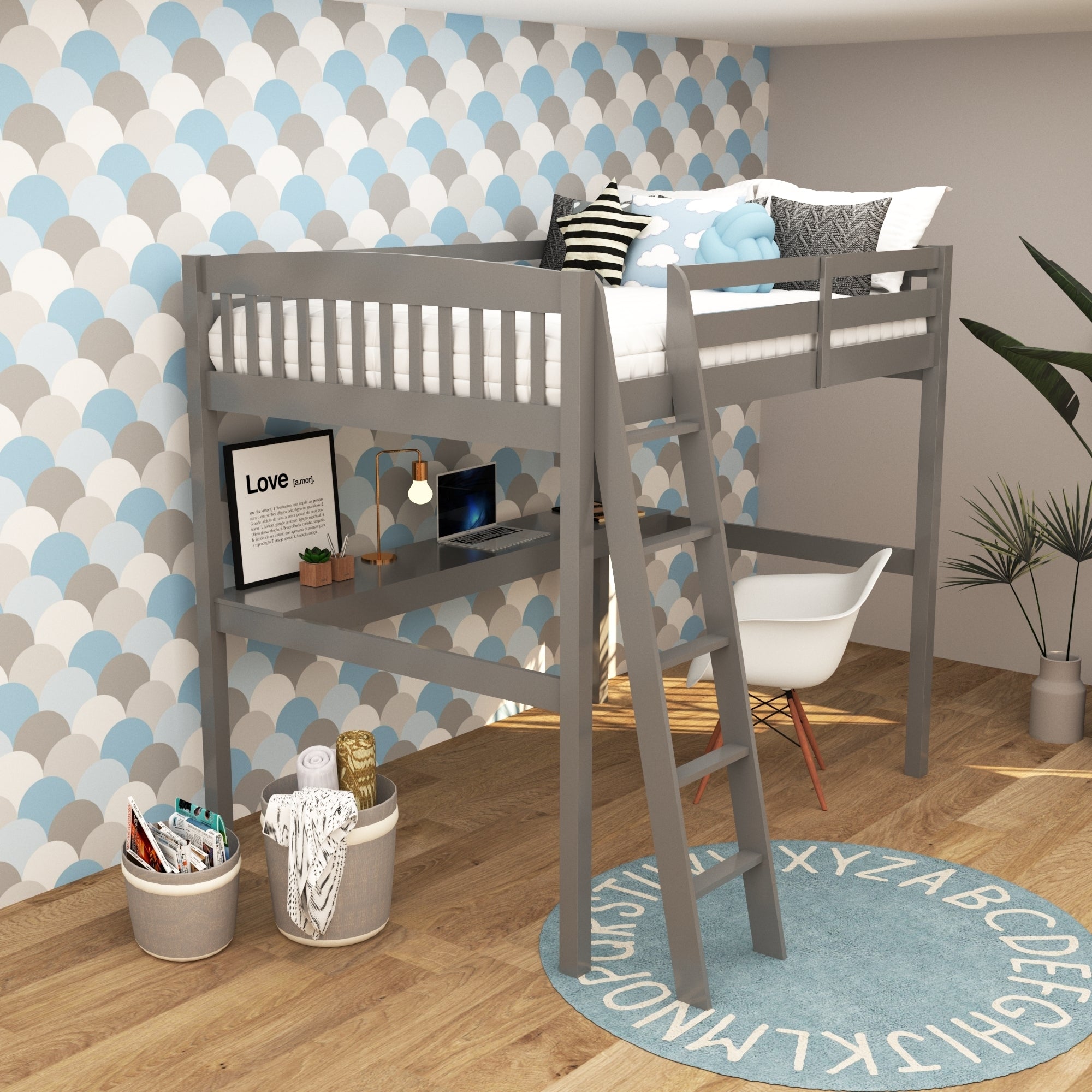 Yes4Wood Everest Grey High Loft Bed with Desk and Storage, Space Saver Full Size Kids Loft Bed with Stairs for Toddlers Assembled in Sturdy Solid Wood, No Box Spring Needed