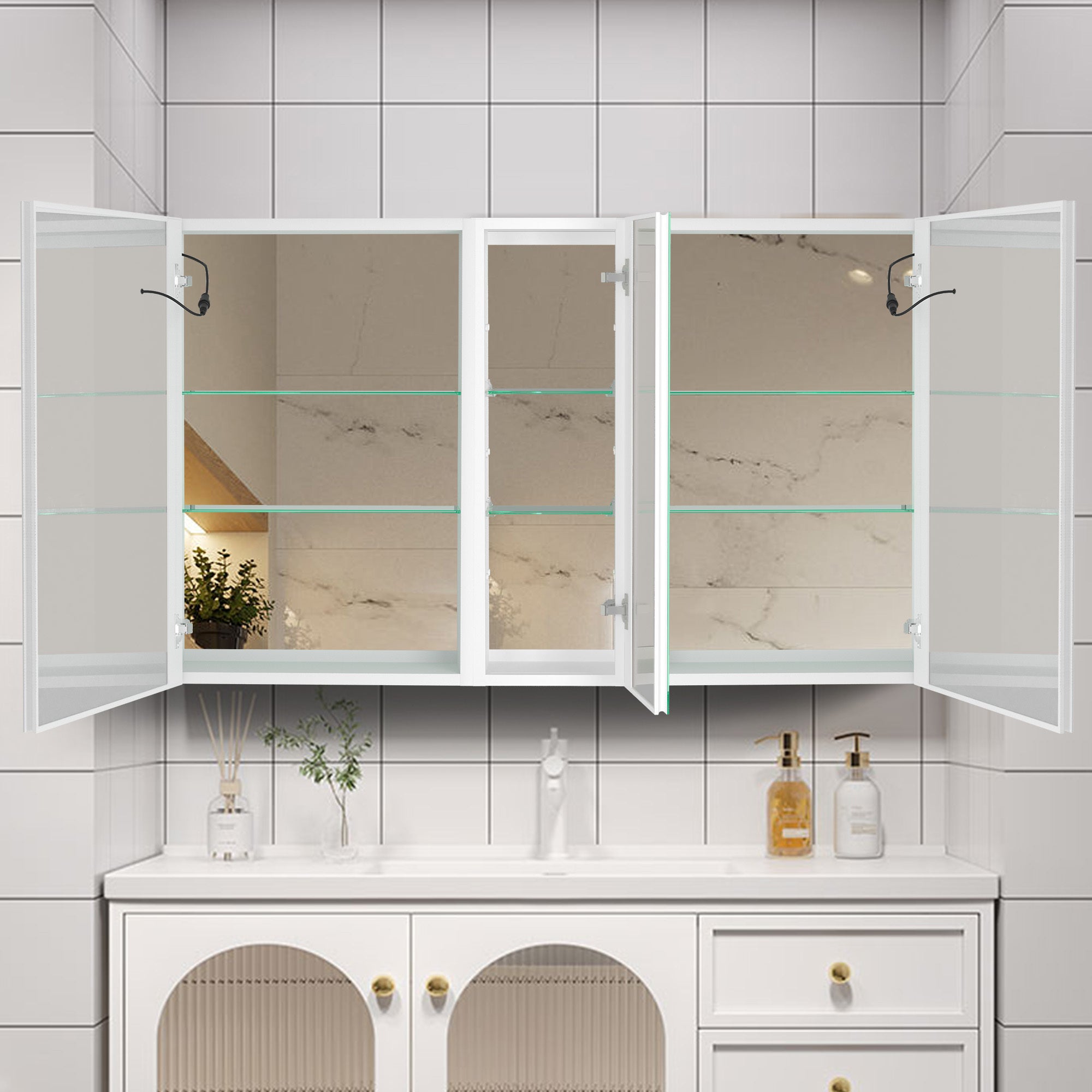 50x30 Inch LED Bathroom Medicine Cabinet Surface Mount Double Door Lighted Medicine Cabinet, Medicine Cabinets for Bathroom with Mirror Defogging, Dimmer White