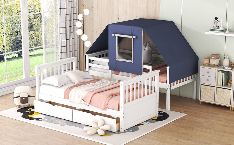 Twin Over Twin Bunk Bed Wood Bed with Tent and Drawers, White+Blue Tent