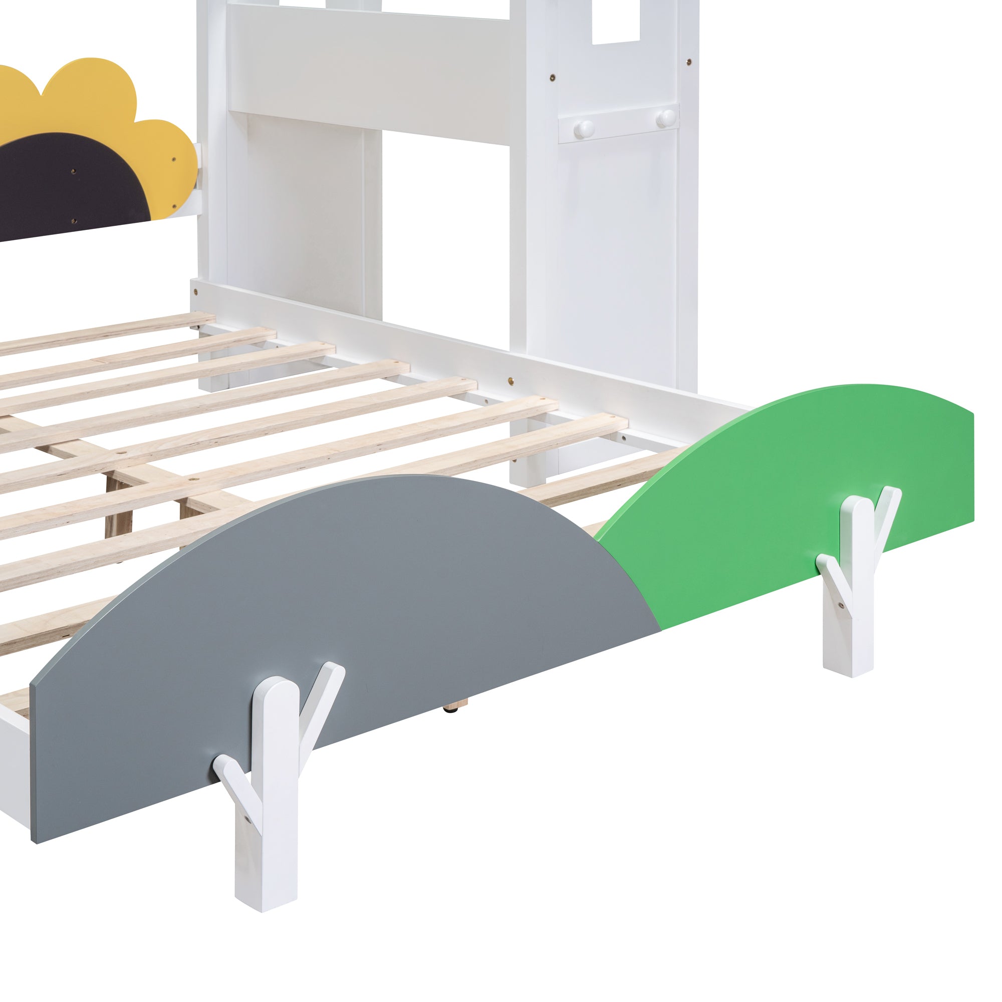 Full Size Platform Bed with Windmill and Flower Decor, House Bed with Desk and two hooks, White