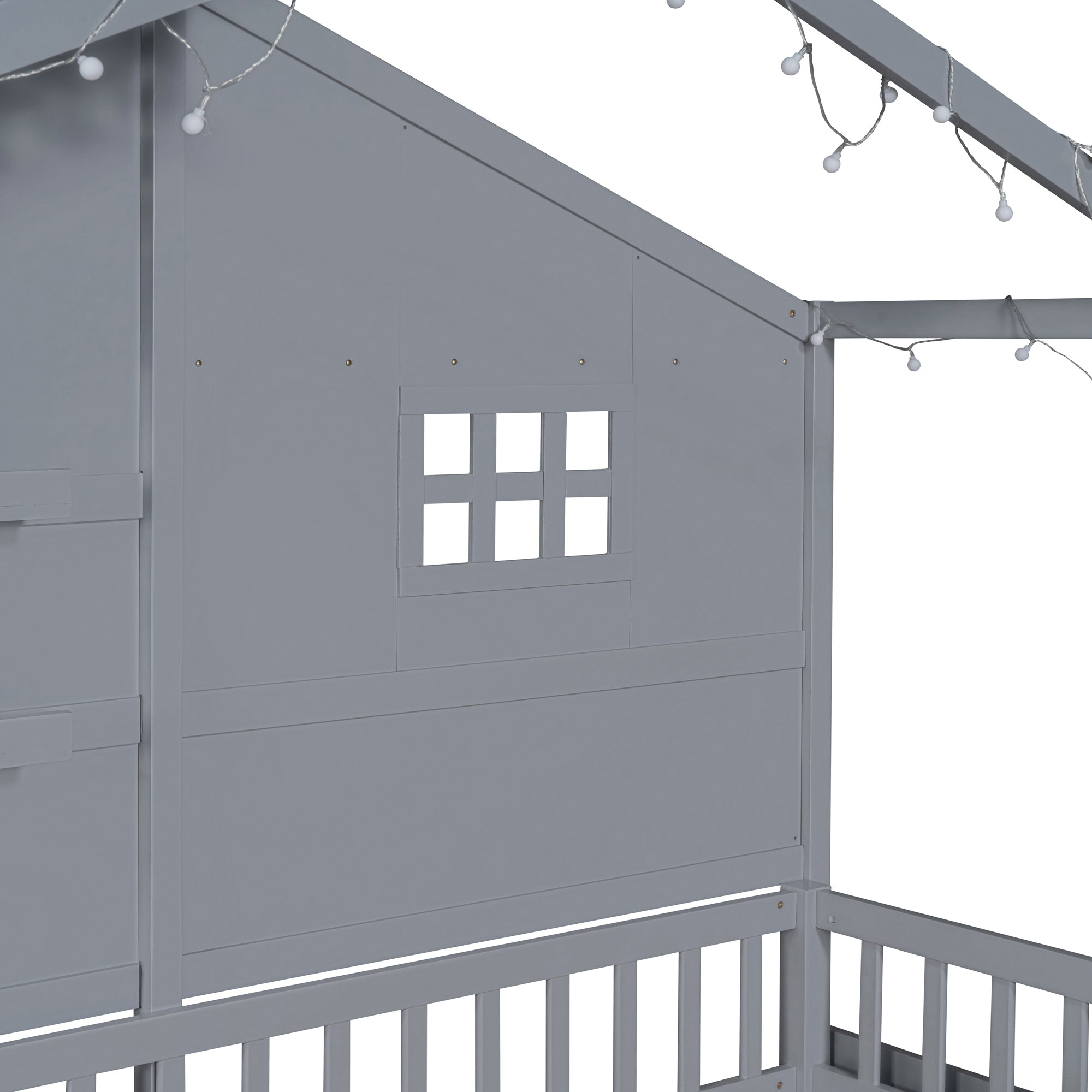 Twin Size House Bed with Shelves, House Bed with Window and  Sparkling Light Strip on the Roof, Gray