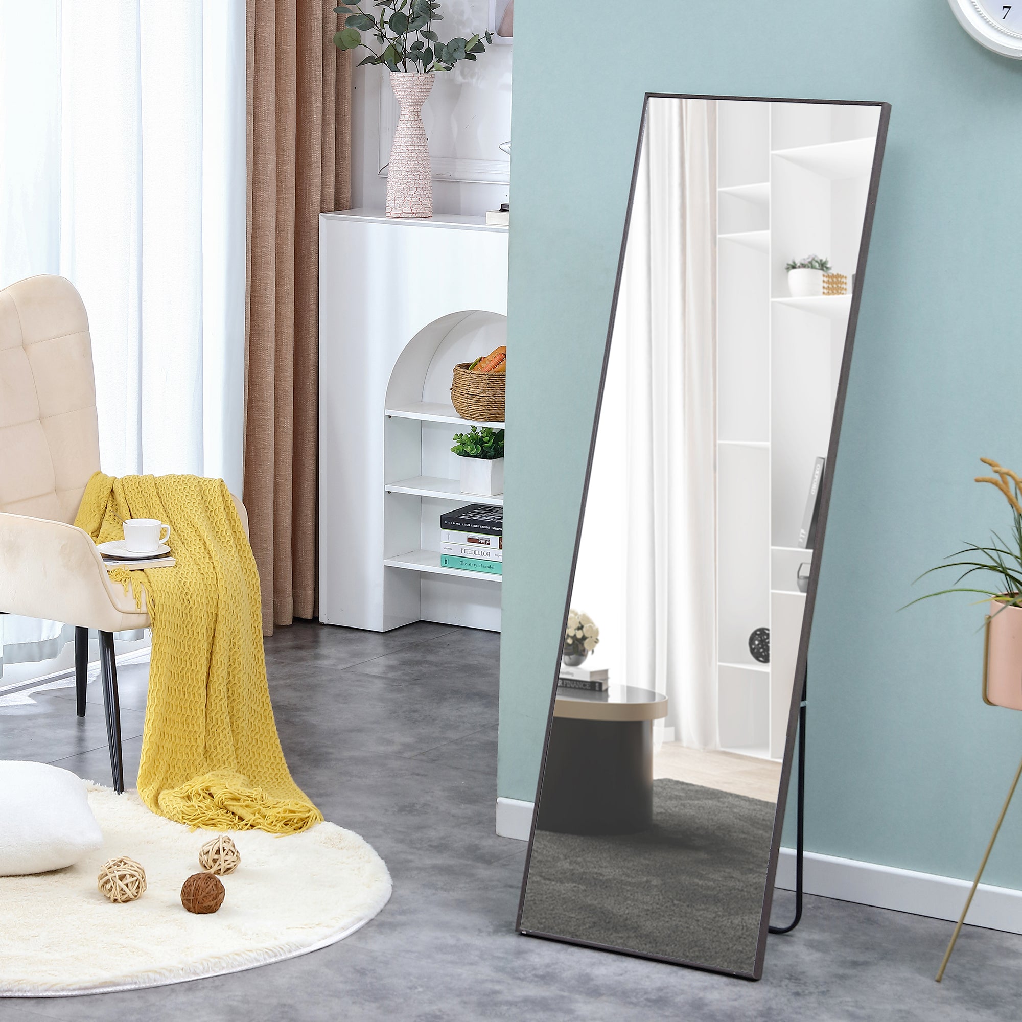 Gray Solid Wood Frame Full-length Mirror, Dressing Mirror, Bedroom Home Porch, Decorative Mirror, Clothing Store, Floor Mounted Large Mirror, Wall Mounted.60"*17"