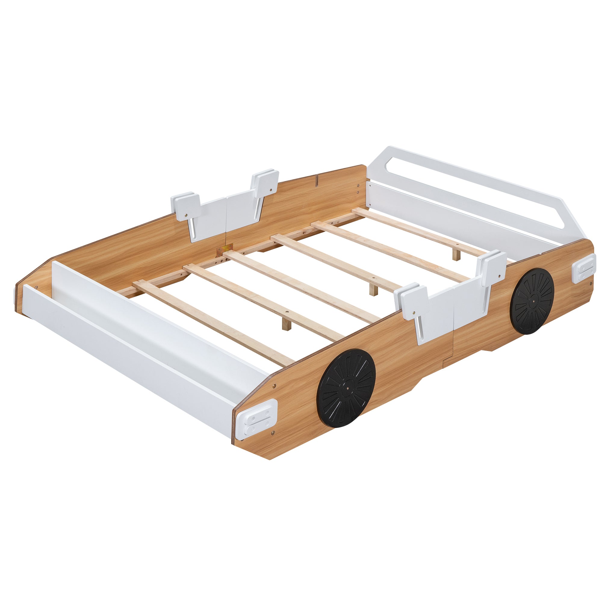 Wood Full Size Racing Car Bed with Door Design and Storage, Natural+White+Black