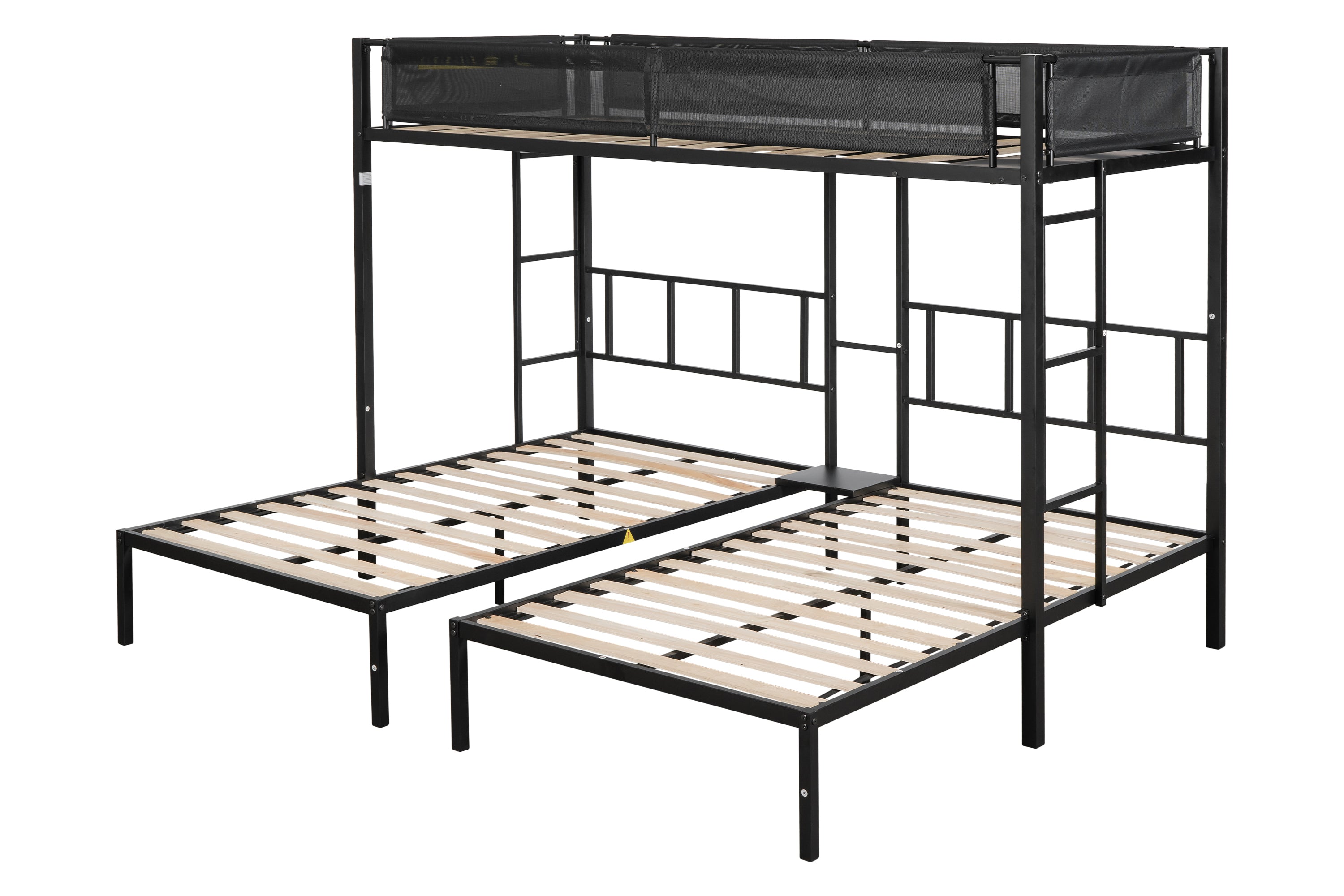 Metal Triple Twin Bunk Bed/ Sturdy Metal Bed Frame/ Noise-free Wood Slats/ Comfortable Textilene Guardrail/ 2 Side Ladders/ Bunk Bed for Three/ No Box Spring Needed