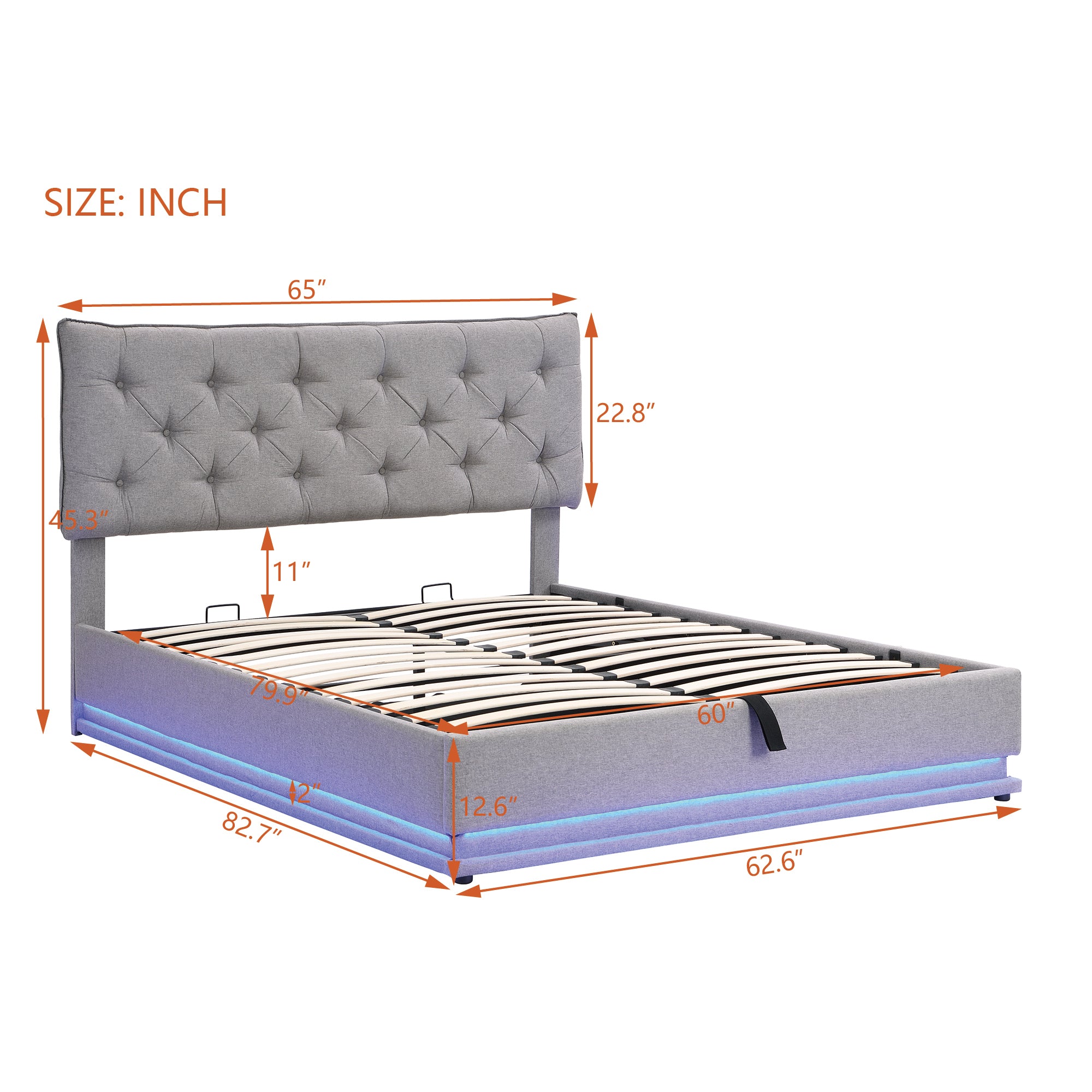 Queen Size Upholstered Bed with Hydraulic Storage System and LED Light, Modern Platform Bed with Button-tufted Design Headboard, Gray
