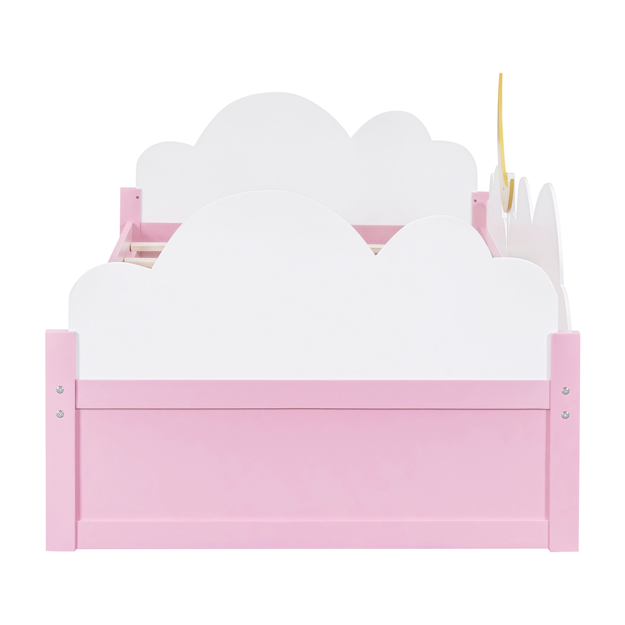 Twin Size Bed with Moon Decor, Platform Bed with 2 Drawers (White+Pink)