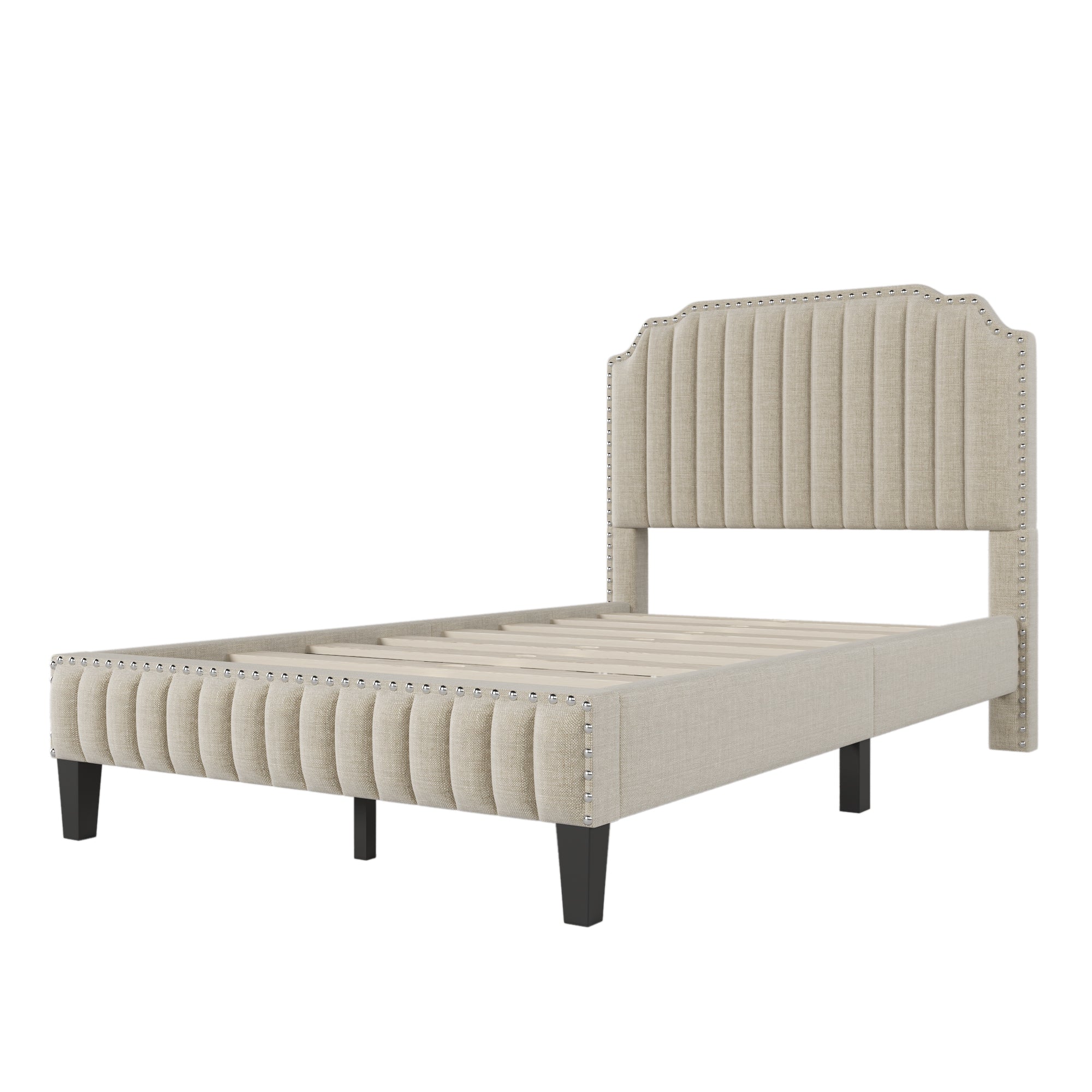 3 Pieces Bedroom Set Modern Linen Curved Upholstered Beige Platform Full Bed with Two Black Cherry Nightstands